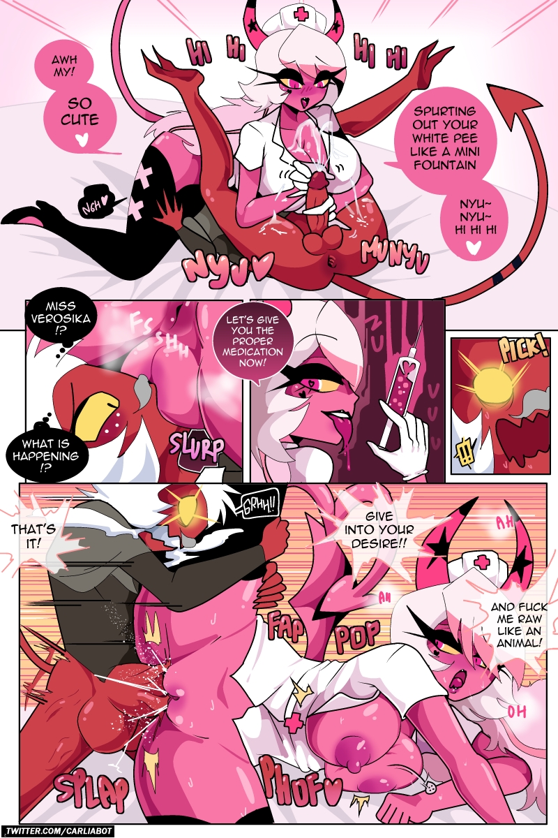 2demons, 69 position, anus, balls, big breasts, blush, breasts, carliabot, comic, cum, cunnilingus, demon, demon boy, demon girl, demon horns, demon tail, demons, dialogue, duo, ejaculation, english text, female, female penetrated, genitals, gloves, glowing eyes, helluva boss, hi res, humanoid, humanoid genitalia, humanoid on humanoid, humanoid penetrated, humanoid penetrating, humanoid penis, imp, injection, lipstick, male, male/female, moxxie (helluva boss), nipples, nurse, oral, penetration, penis, pussy, sex, succubus, vaginal penetration, verosika mayday (helluva boss)