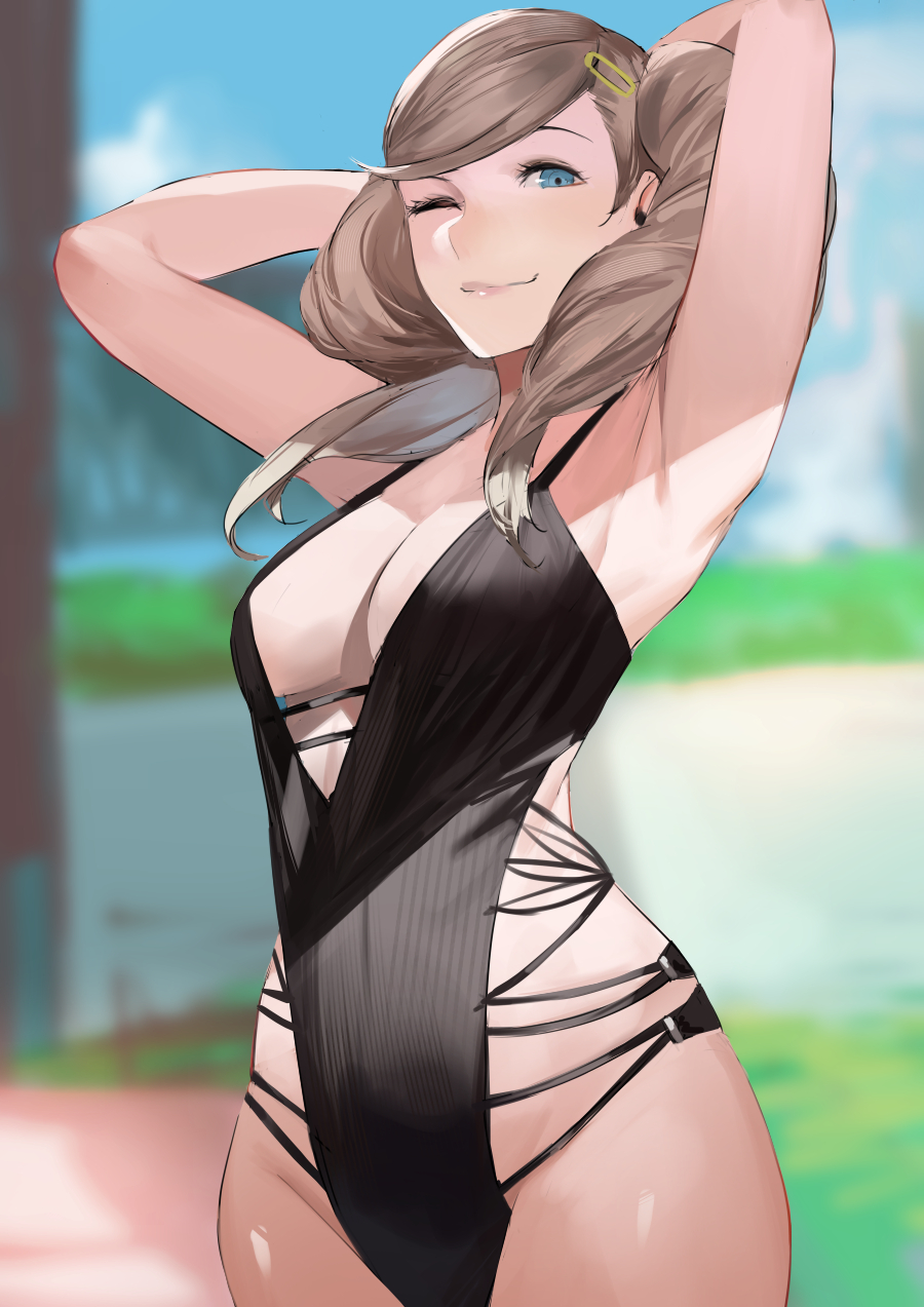 ann_takamaki armpit black_one-piece_swimsuit blazpu blonde_hair blue_eyes breasts dark_blonde dark_blonde_hair dirty_blonde diry_blonde_hair female female_focus female_only female_solo hair_ornament hairclip image light-skinned_female looking_at_viewer one-piece_swimsuit one_eye_closed persona persona_5 sandy_blonde sandy_blonde_hair shin_megami_tensei smile smiling_at_viewer solo solo_female thighs twintails voluptuous yellow_hair_ornament yellow_hairclip