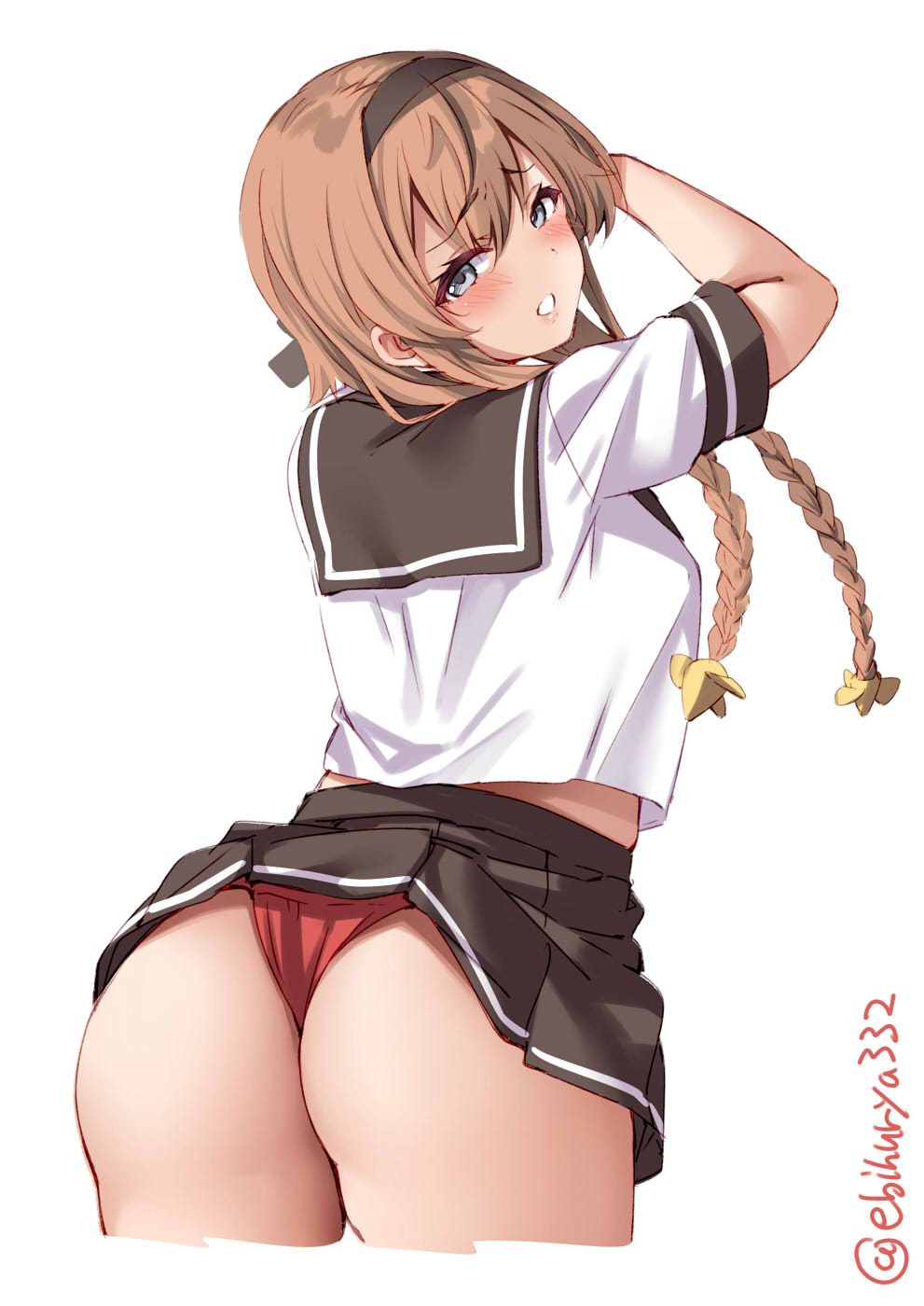 ass, ass focus, big ass, blush, braided hair, braided twintails, braids, bubble ass, bubble butt, ebifurya, female, female only, grey eyes, hair ornament, hairband, kantai collection, light brown hair, looking at viewer, looking back, panties, presenting hindquarters, red panties, serafuku, short hair with long locks, short sleeves, skirt up, solo, teruzuki (kantai collection), wide hips