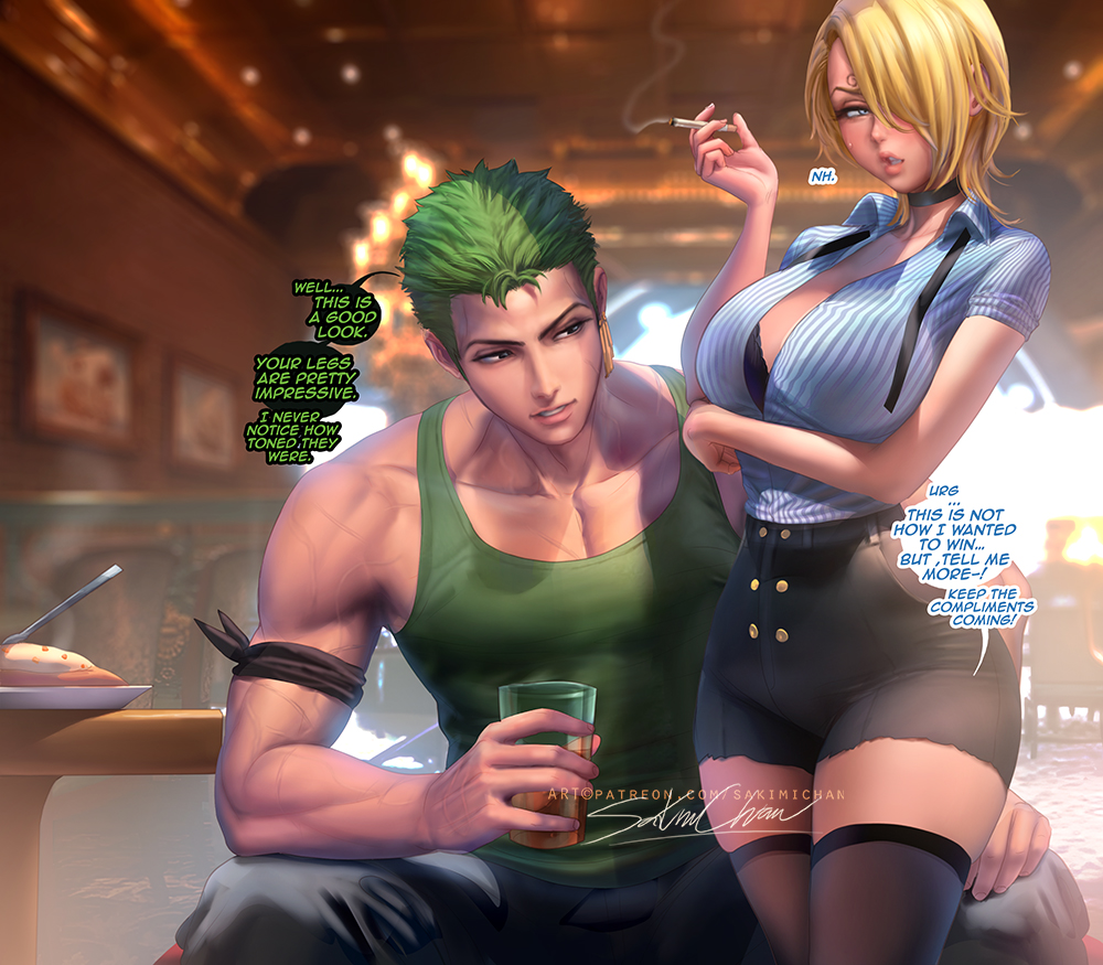 1boy 1girls ass big_breasts black_bra black_thighhighs blonde_hair blue_eyes blush bra breasts buttons cigarette collared_shirt drink earrings english_text female female_focus food genderswap_(mtf) green_hair hair_over_one_eye holding holding_cigarette holding_drink indoors jewelry large_breasts looking_to_the_side male medium_hair muscular muscular_male necktie one_piece open_mouth roronoa_zoro rule_63 sakimichan shirt short_hair shorts smoke speech_bubble sweatdrop text thick_thighs thighhighs thighs underwear veins vinsmoke_sanji zettai_ryouiki