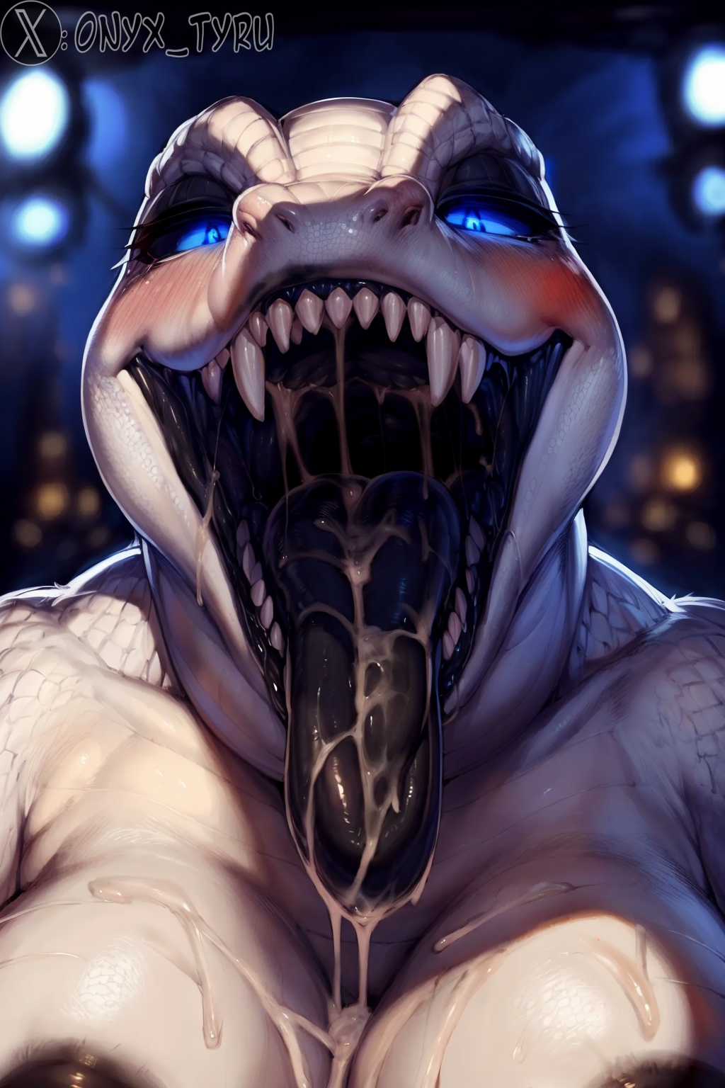 1girls ai_generated alligator anthro black_tongue blue_eyes blush crocodile crocodilian cum_in_mouth cum_trail dark_areola eyeshadow female female_anthro female_focus heavy_makeup looking_at_viewer maw mawshot onyx_tyru open_mouth open_mouth_smile oral saliva scalie scalie_female scalie_humanoid sharp_teeth smile stable_diffusion tongue tongue_out white_body white_scales wide_mouth