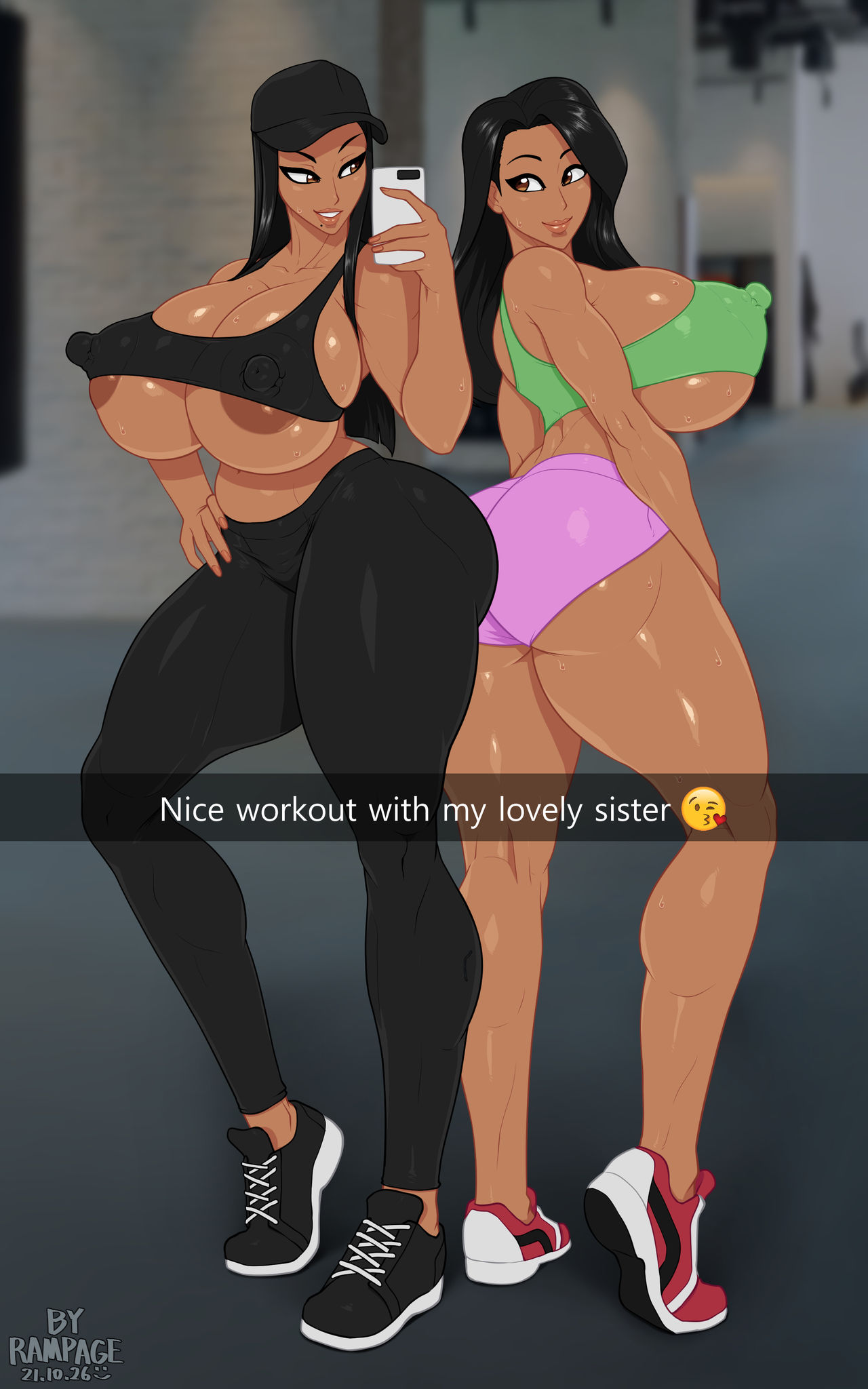 2girls areola_slip areolae areolae_slip big_ass big_breasts black_hair breasts cellphone danbi_(rampage0118) dark-skinned_female dark_skin dinner_plate_nipples english_text erect_nipples female female_only full_body huge_areola huge_areolae huge_breasts large_areola large_areolae large_nipples leggings long_hair long_nipples massive_areolae multiple_girls nipples rampage0118 seductive selfie shorts sister sisters snapchat sportswear standing text thick_nipples thick_thighs wide_hips yubi_(rampage0118)