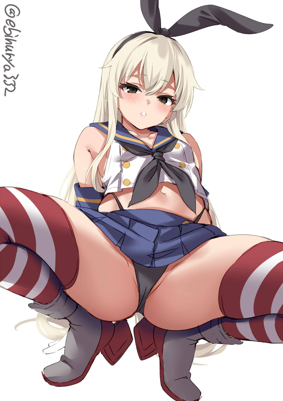 bare shoulders, black eyes, black thong, blonde hair, blush, boots, bunny ears, crop top, ebifurya, elbow gloves, female, female only, flat chest, gloves, hairbow, high waisted thong, highleg, highleg panties, kantai collection, long hair, looking at viewer, miniskirt, platinum blonde hair, pleated skirt, sailor collar, seductive, shimakaze (kantai collection), sleeveless shirt, smaller female, solo, spread legs, squatting, striped legwear, striped thighhighs, stripes, thick thighs, thighhighs, thong