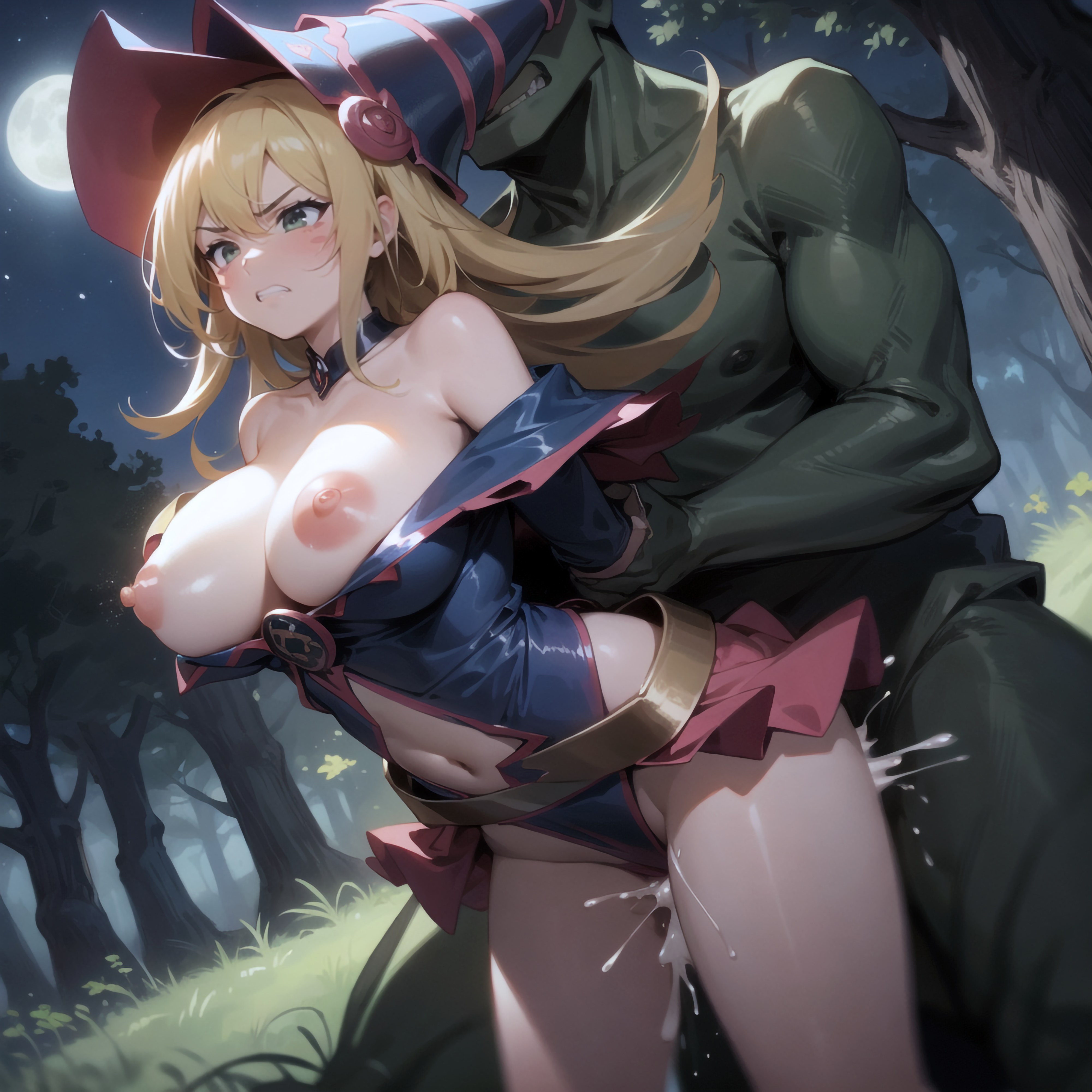 ai generated, arm grab, arms behind back, breasts, breasts out, cheating, cum, dark magician girl, duel monster, female, frown, large breasts, monster, pussy, rape, stable diffusion, vaginal penetration, yu-gi-oh!, yutashiki