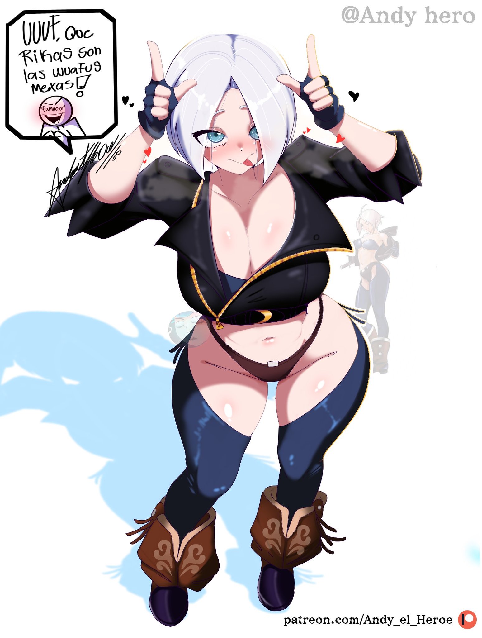 1girls, 2d, andy hero, angel (kof), artist name, big breasts, big thighs, big titties, breasts, busty, cleavage, clothing, color, curvaceous, curvaceous female, curvaceous figure, curvy, curvy figure, curvy hips, female, female focus, full color, hip cleavage, huge breasts, king of fighters, large breasts, non-nude, short hair, solo, speech bubble, standing, the king of fighters, thong, white hair
