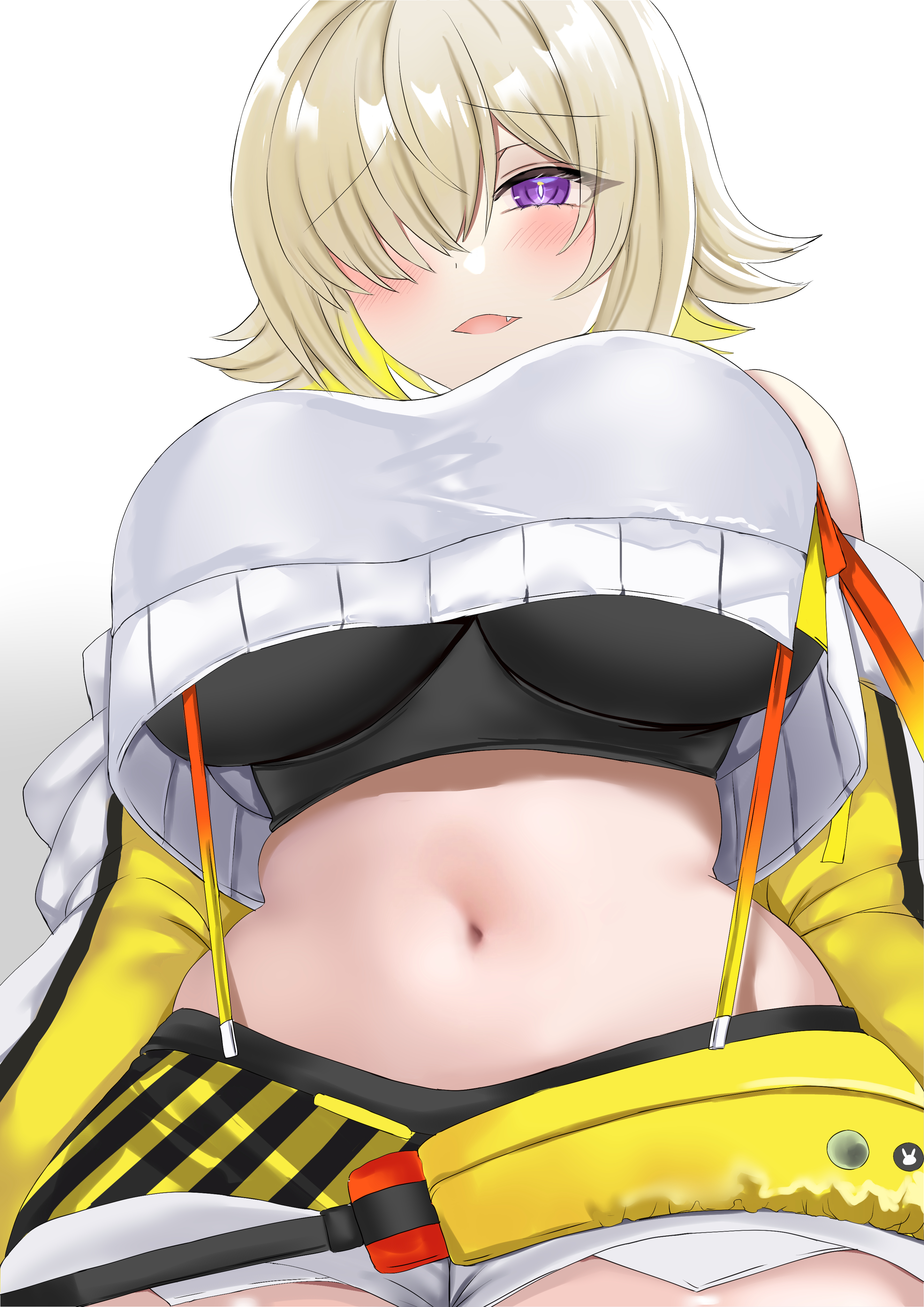 1girls, bare midriff, blonde hair, breasts, elegg (nikke), female, female only, goddess of victory: nikke, hair over one eye, huge breasts, midriff, open mouth, purple eyes, short hair, shorts, smile, solo, suspenders, tank top, tara (szzj7733), underboob, white background