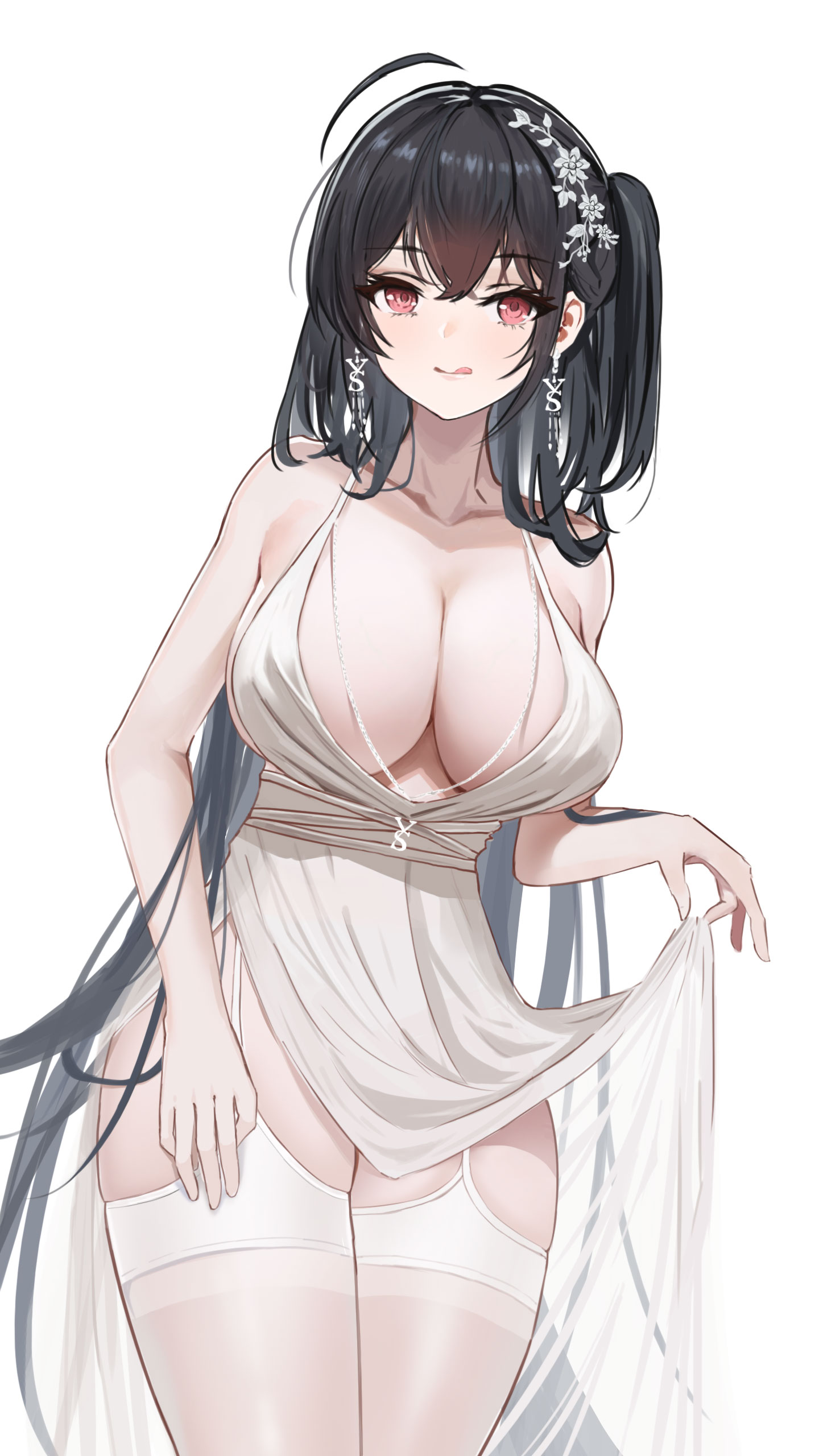 1girls, 2021, 24kchunshuai, absurdres, ahoge, azur lane, bangs, black hair, breasts, cleavage, clothes lift, dress, dress lift, earrings, female, female focus, female only, garter straps, hair ornament, highres, jewelry, large breasts, long hair, official alternate costume, plunging neckline, red eyes, side ponytail, simple background, solo, solo female, taihou (azur lane), taihou (temptation on the sea breeze) (azur lane), thighhighs, thighs, tongue, tongue out, very long hair, wedding dress, white background, white dress, white legwear