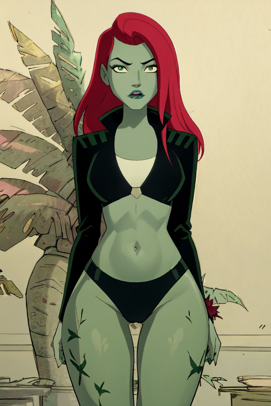 1girls, ai generated, clothed, dc, dc comics, female, green body, green skin, harley quinn (series), jacket, lips, long hair, midriff, navel, open mouth, panties, parted lips, plant, poison ivy, poison ivy (harley quinn), red hair, solo, stable diffusion, standing, stomach, tattoos, thigh gap, thighs