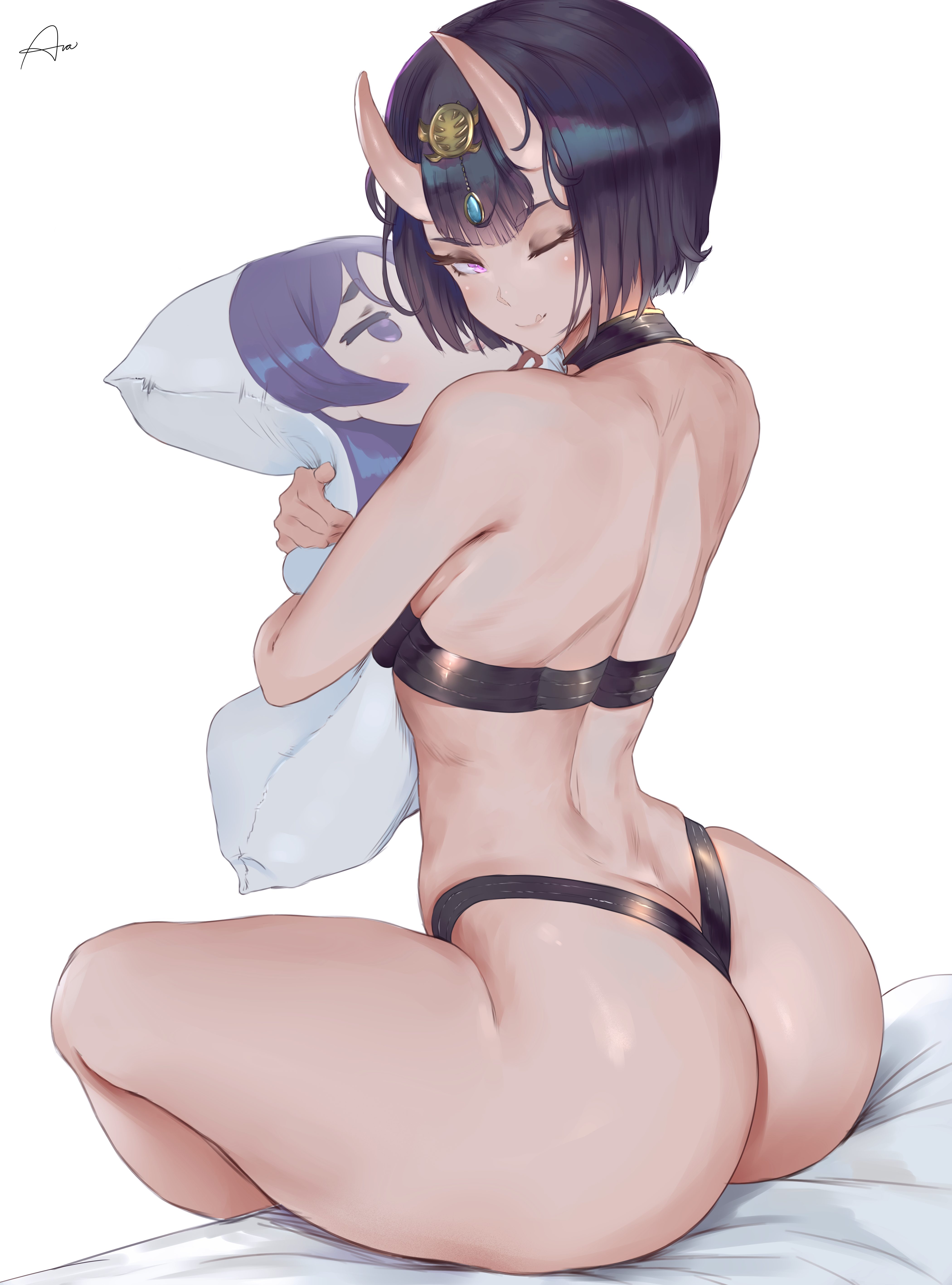 1girls, 2021, araneesama, artist signature, ass, ass focus, back, back view, black panties, black topwear, bodypillow, cutesexyrobutts (style), demon, demon girl, fate (series), fate/grand order, female, female focus, female only, highres, holding object, horns, huge ass, looking at viewer, looking back, looking over shoulder, oni, oni horns, panties, purple hair, short hair, shuten douji (fate), simple background, sitting, smile, thick thighs, thighs, very high resolution, white background, wink, winking
