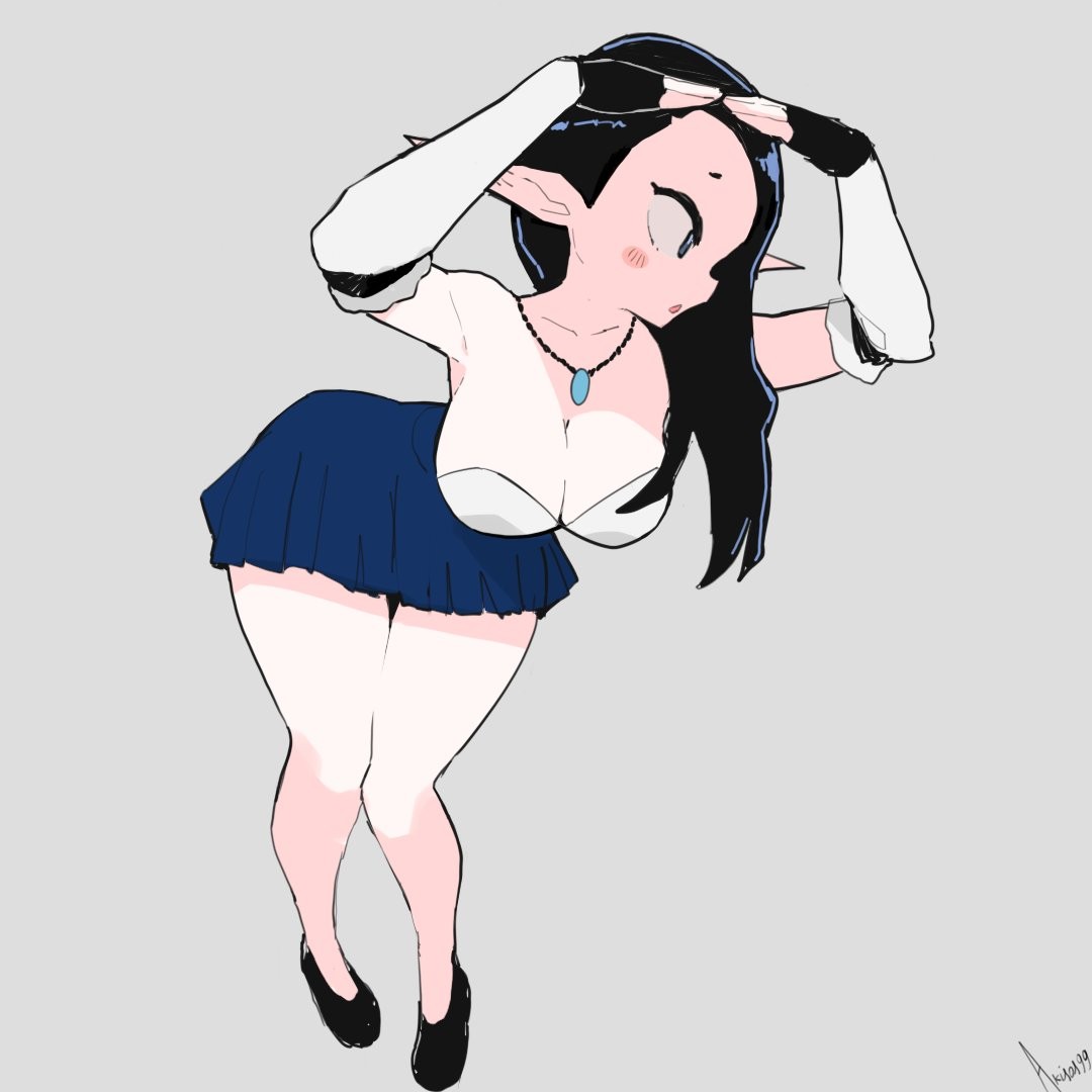 1girl 1girls akisas99 arm_above_head arm_up arms_above_head arms_up background big_boobs big_breasts black-haired_female black_eyebrows black_hair blue-eyed_female blue_eyes blue_skirt breasts busty busty_female busty_girl curvaceous curvaceous_body curvaceous_female curvaceous_figure curvaceous_hips curvy curvy_body curvy_female curvy_figure curvy_hips dark_hair elf elf_ear elf_ears elf_female elf_girl female_elf grey_background hand_above_head hand_up hands_above_head hands_up head_tilt hourglass_figure large_boobs large_breasts lean_figure monotone_background narrow_waist necklace oc one_color_background original original_art original_artwork original_character original_female_character plain_background pointy_ears skirt slender_body slender_waist slim_female slim_waist solid_color_background tilted_head wide_hips