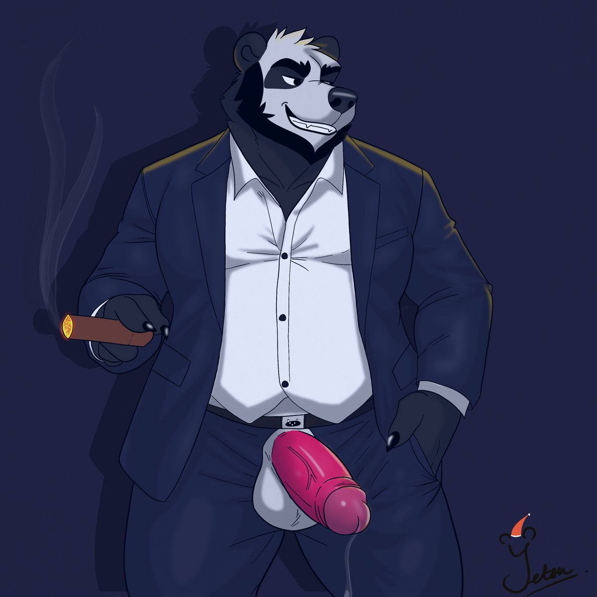 anthro balls bear bodily_fluids bottomwear cigar cigar_smoke clothed clothing digital_media_(artwork) erection fur genital_fluids genitals giant_panda hi_res holding_cigar holding_object humanoid_genitalia humanoid_penis leaking_precum male male_only mammal overweight overweight_anthro overweight_male pants penis precum shirt simple_background smile smoke solo suit teeth topwear yetsu