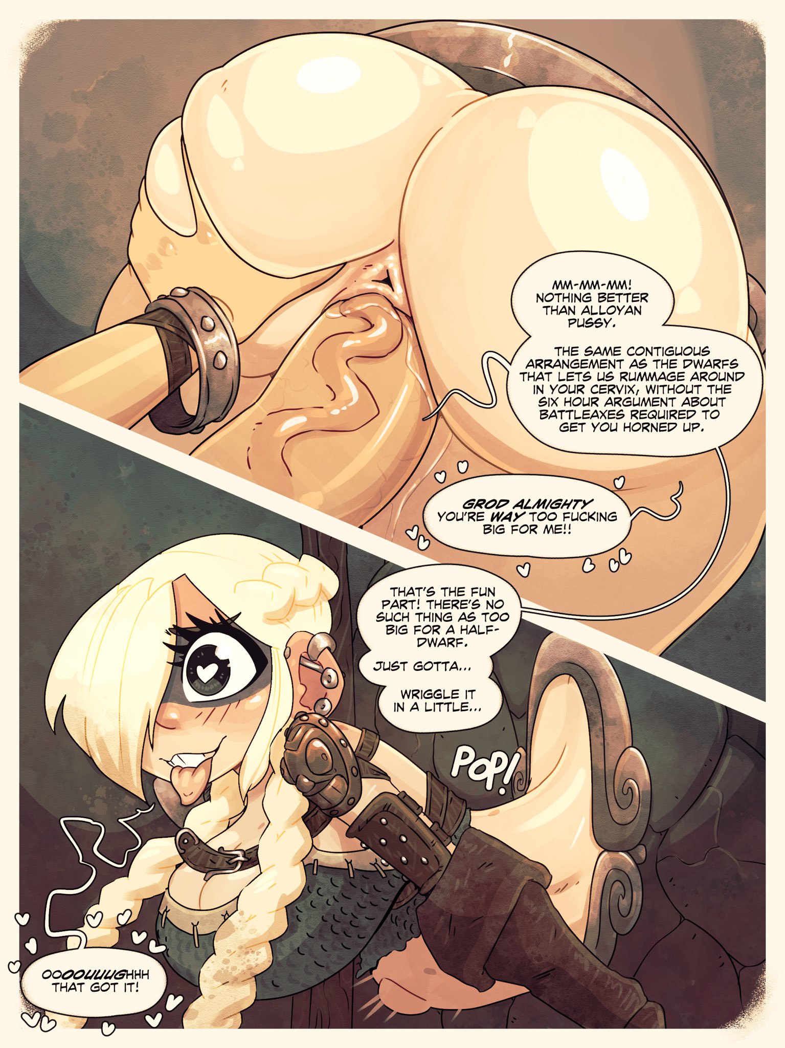 1boy, 1girls, alloyan, aphrodisiac, armor, ass, belly bulge, big ass, big penis, blonde hair, bottomless, dialogue, dialogue bubble, ear piercing, earrings, elf, english text, face paint, female, femboy, femboy on female, heart-shaped pupils, huge cock, hung femboy, hung trap, jack cayless, male, nerd, penis, speech bubble, stomach bulge, stuck, stuck in object, text, tongue, tongue out, twin braids, wide hips