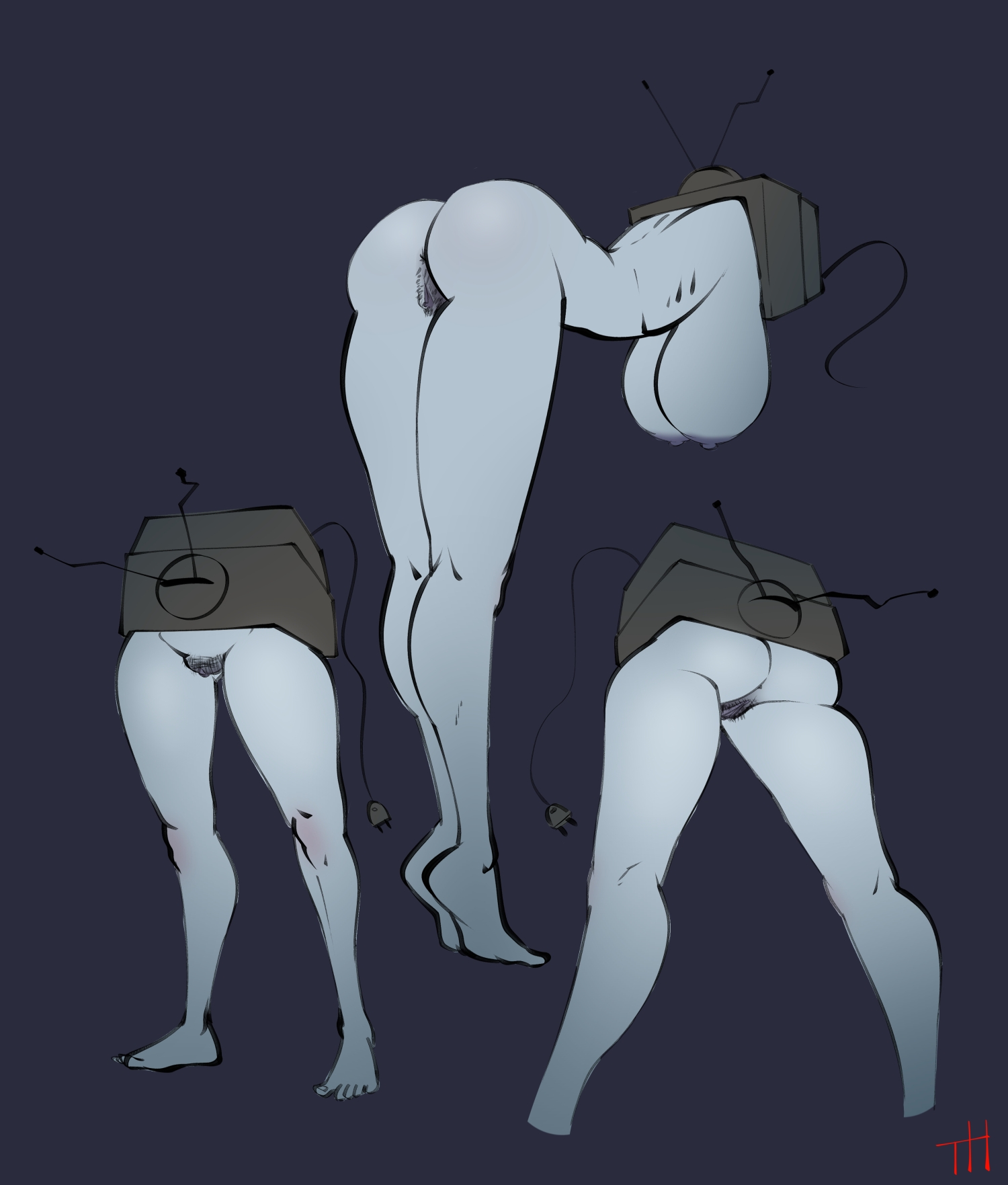 1girls, anus, ass, blue skin, breasts, female, female only, human, nude, portal, pussy, solo, standing, the ring, thingshappen, tv, yamamura sadako