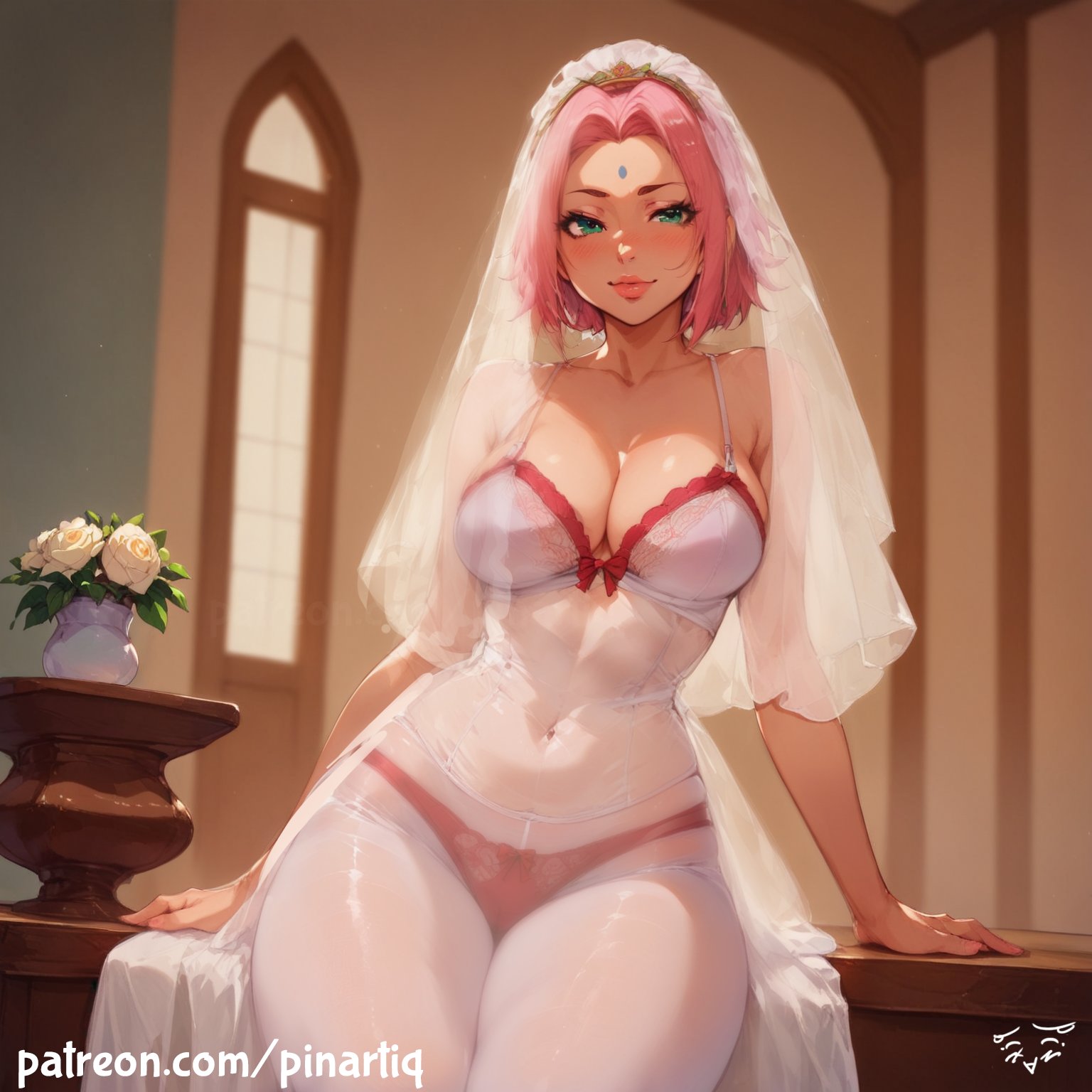 1girls, ai generated, arm support, big breasts, blush, bra, bra visible through clothes, breasts, bride, cleavage, crown braid, curvaceous, dress, female, green eyes, legs together, lingerie, lipstick, looking at viewer, makeup, midriff, naruto, naruto (series), naruto: the last, panties, panties visible through clothing, patreon username, petite, pinartiq, pink hair, revealing clothes, sakura haruno, see-through, see-through clothing, sitting, smile, thick thighs, thighs, transparent clothing, underwear, url, veil, watermark, web address, wedding dress, wedding veil, wide hips