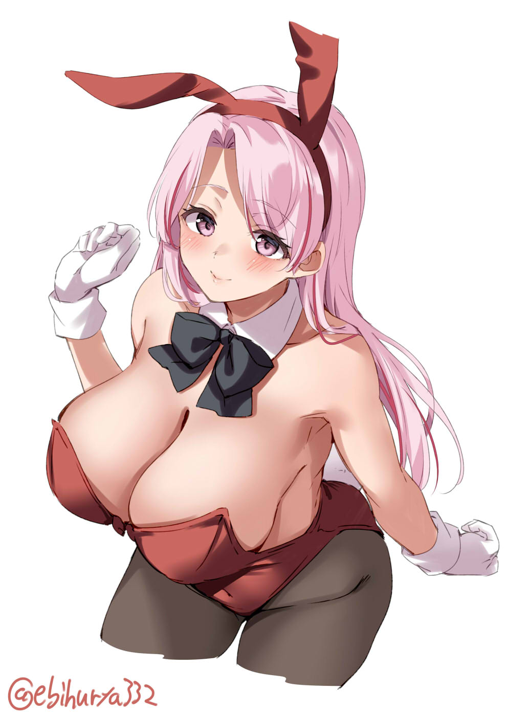 big breasts, blush, breasts, bunny ears, bunny tail, bunnysuit, cleavage, ebifurya, female, female only, gloves, high-angle view, huge breasts, kantai collection, long hair, looking at viewer, luigi di savoia duca degli abruzzi (kantai collection), neck ribbon, pantyhose, pink hair, smile, solo, white gloves