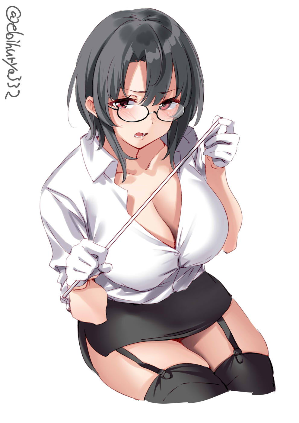alternate costume, big breasts, black hair, black legwear, black thighhighs, blush, breasts, cleavage, ebifurya, embarrassed, female, female only, garter straps, glasses, gloves, high-angle view, kantai collection, miniskirt, open shirt, pencil skirt, red eyes, short hair, sitting, solo, stockings, takao (kantai collection), teacher, thick thighs, thighhighs, white gloves, white shirt