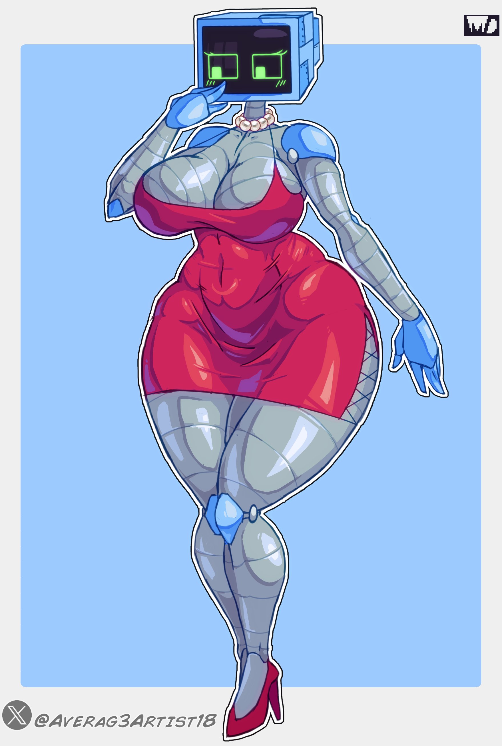 1girls, 2d, ass, averag3artist18, big breasts, big thighs, breasts, chubby, chubby female, clothed, dress, female, female only, gigantic ass, gigantic breasts, gigantic thighs, hand on hip, heart, huge ass, huge breasts, huge thighs, humanoid, husband and wife, karen plankton, necklace, red dress, robot, robot girl, robot humanoid, robotic arm, screen face, solo, spongebob squarepants, spongebob squarepants (series), standing, tagme, thick hips, thick thighs, thighs, tv, tv head, voluptuous, voluptuous female