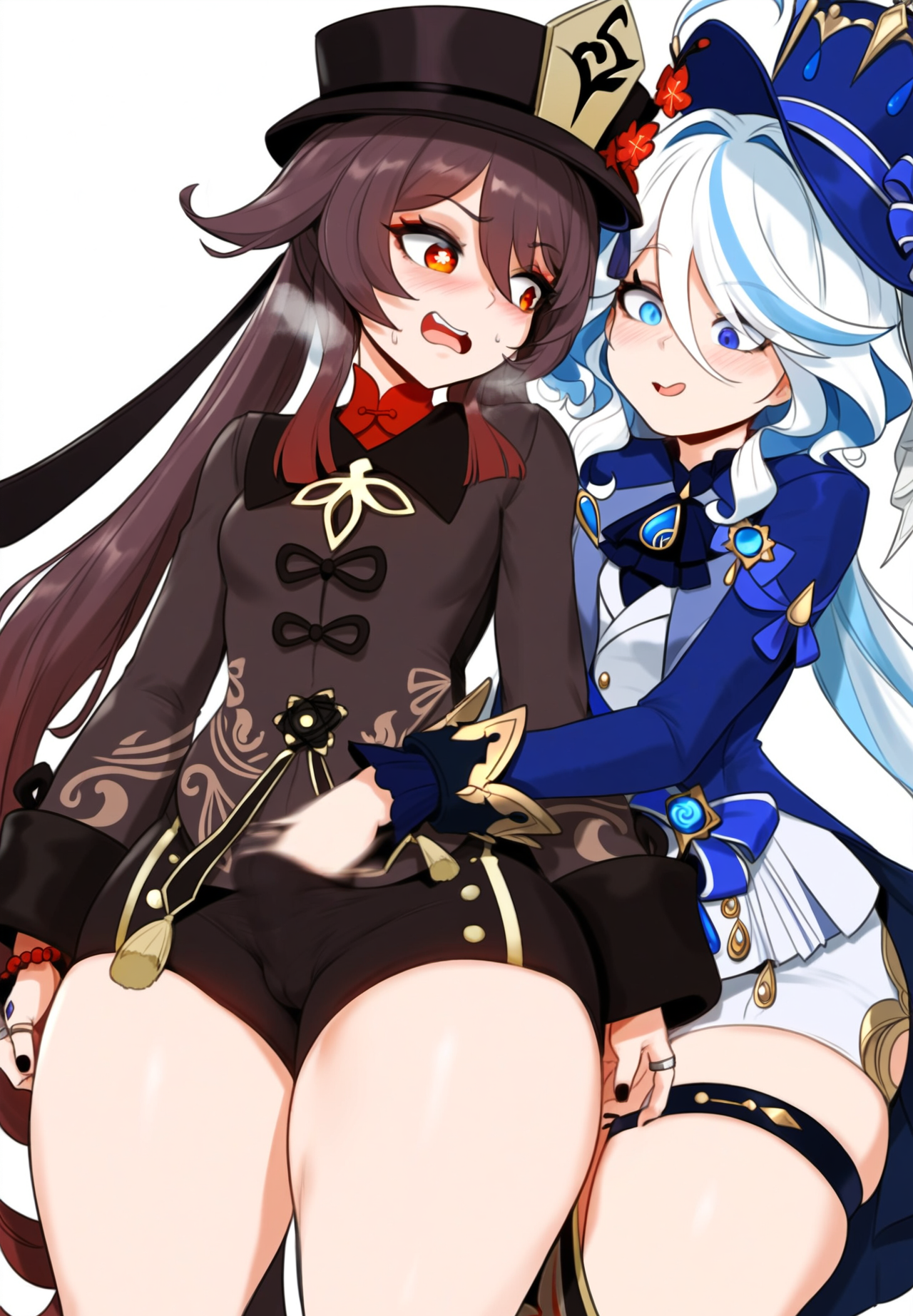 2girls, ai generated, bulge, bulge through clothing, clothed, clothing lift, depressu, female, furina (genshin impact), futanari, genshin impact, hat, hu tao (genshin impact), intersex