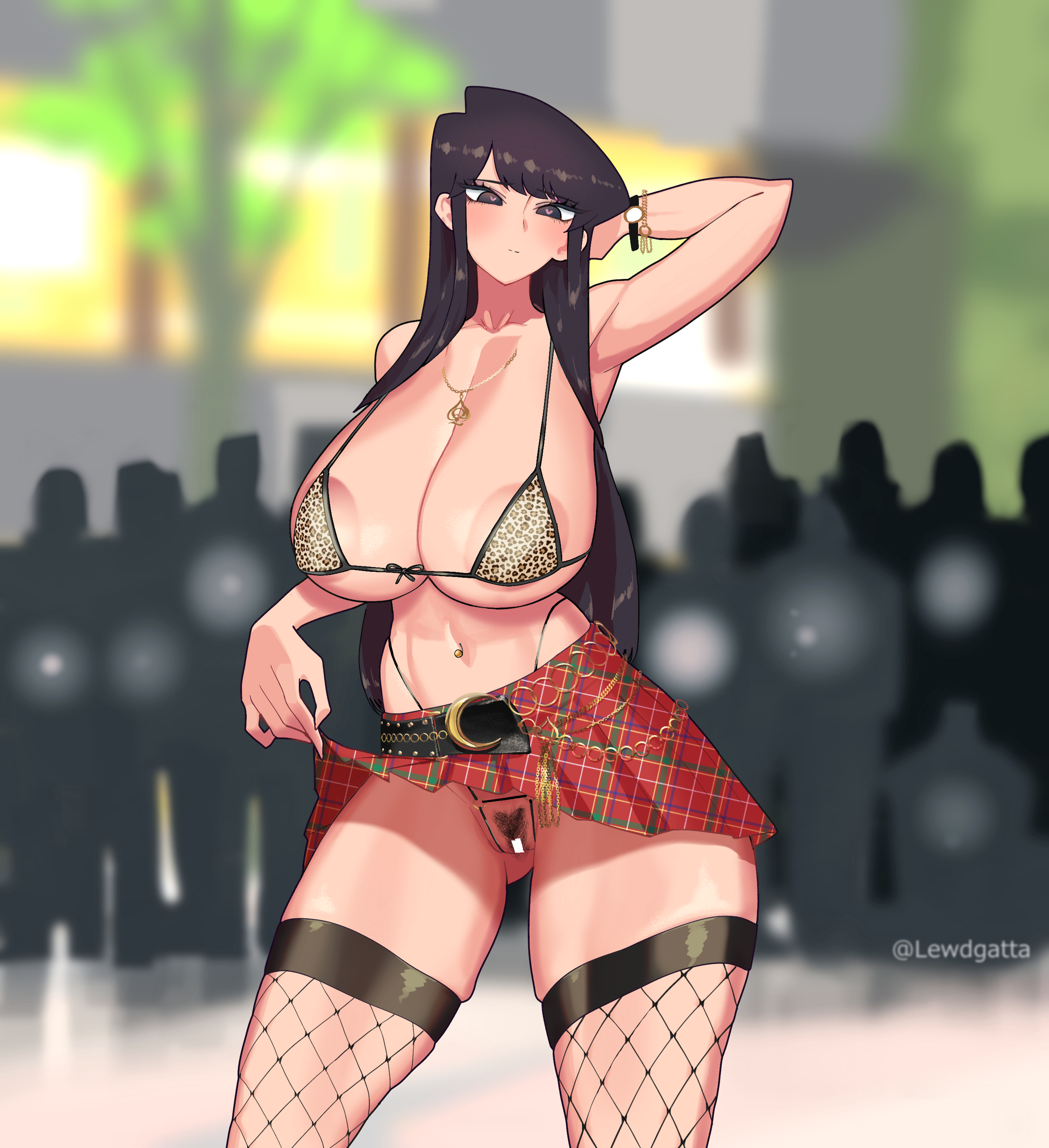 1girls, alternate breast size, areola slip, arm up, armpits, bimbo, black eyes, black hair, bra, breasts, censor bar, censored, cheetah print, crotchless, crotchless panties, crowd, curvaceous, curves, curvy, curvy female, curvy figure, female, fishnets, high resolution, highres, huge breasts, human, komi shouko, komi-san wa komyushou desu, large breasts, lewdgatta, long hair, panties, pubic hair, pussy, queen of spades, revealing clothes, skirt, skirt lift, solo, standing, thick thighs, thighhighs