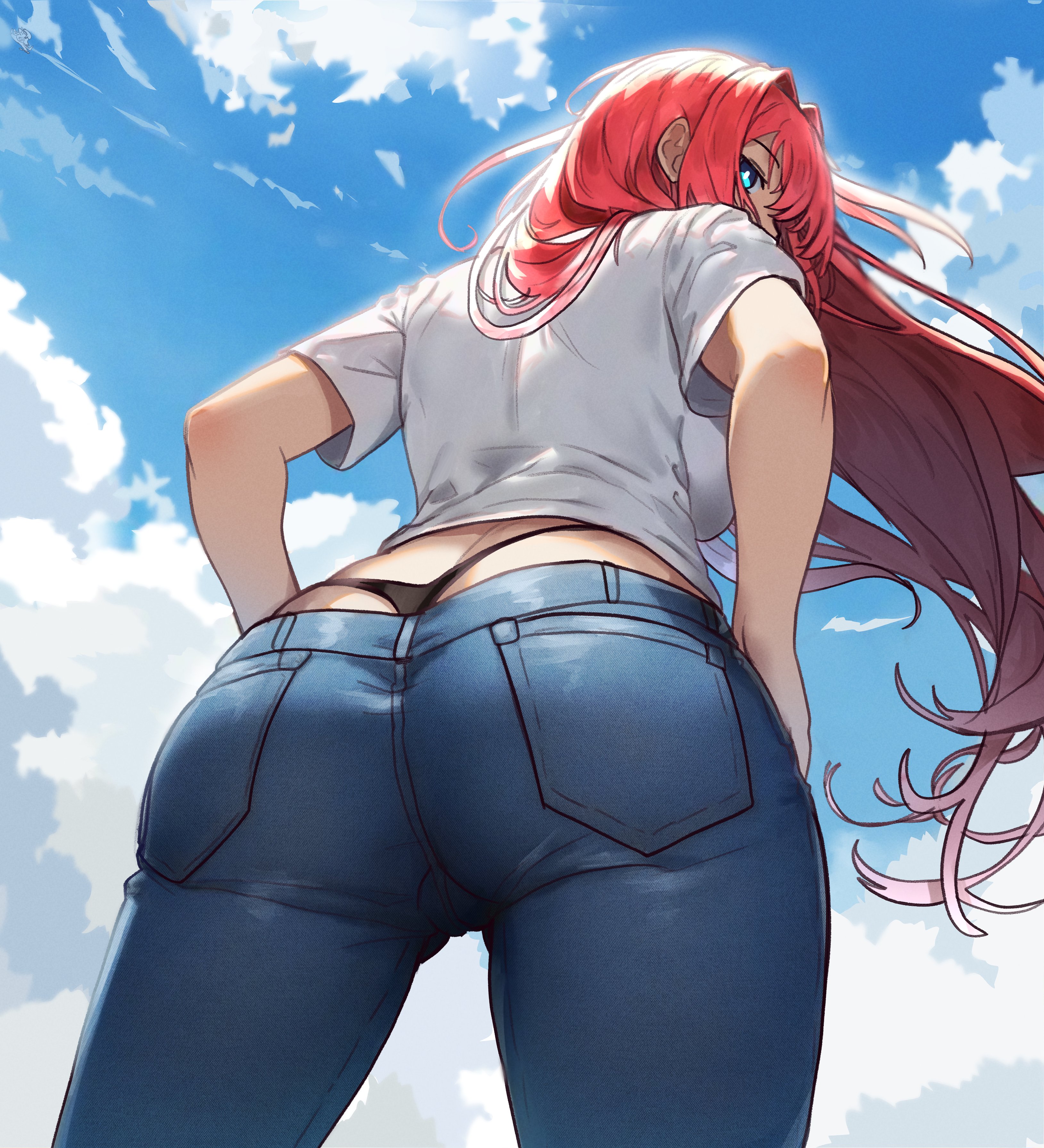 1girls, aozaki aoko, ass, ass hanging out, back view, breasts, clothed, ebora, female, female only, hi res, jeans, large ass, light skin, light-skinned female, long hair, low-angle view, mahou tsukai no yoru, melty blood, naughty face, outdoors, red hair, solo, thick thighs, tsukihime, type-moon, youngmanisdown
