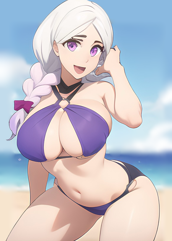 ai_generated beach big_breasts bikini bikini_bottom bikini_top braided_hair fortnite large_breasts looking_at_viewer pixai pov purple_bikini purple_eyes purple_hair smile thick_thighs thighs torin_(fortnite) white_hair