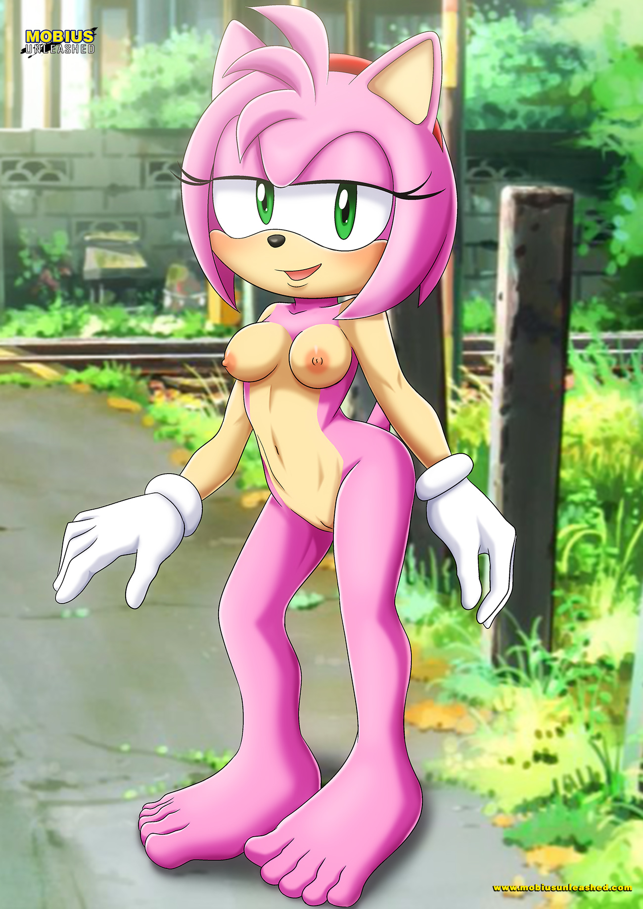 1girls, amy rose, anthro, barefoot, bbmbbf, blush, breasts, feet, female, female only, gloves, humanoid feet, looking at viewer, mobian (species), mobius unleashed, naked, navel, nipples, nude, nude female, open mouth, palcomix, pink fur, pink hair, pussy, sega, soles, solo, sonic (series), sonic the hedgehog (series), toes, tongue