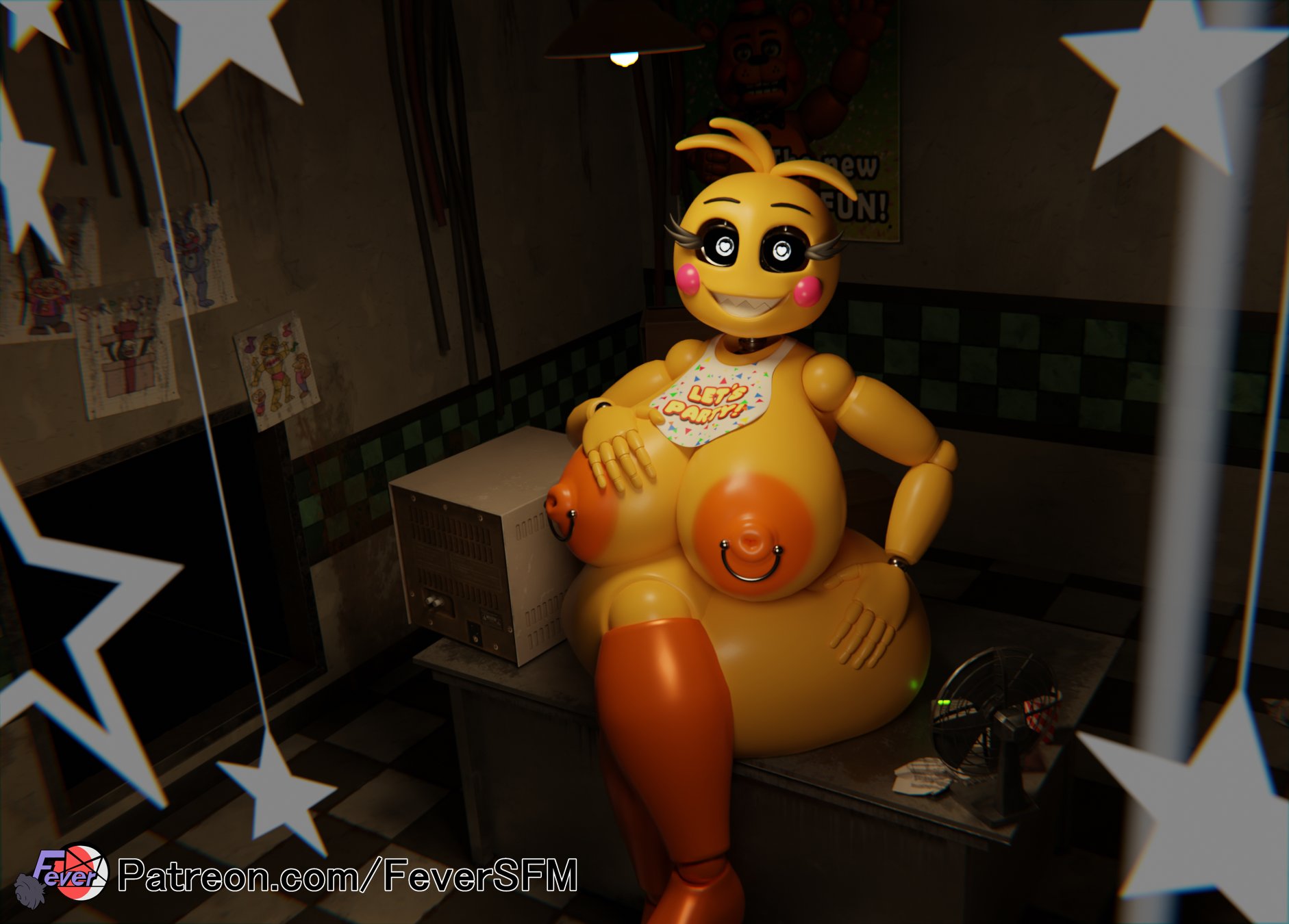 1girls, 3d, animatronic, areolae, bib, big breasts, breasts, eyebrows, female, female only, feversfm, five nights at freddy's, five nights at freddy's 2, heart-shaped pupils, large breasts, looking at viewer, nipple piercing, nipples, orange nipples, piercing, sharp teeth, solo, solo female, solo focus, thick thighs, thighs, toy chica (fnaf), toy chica (love taste), wide hips, yellow body, yellow skin