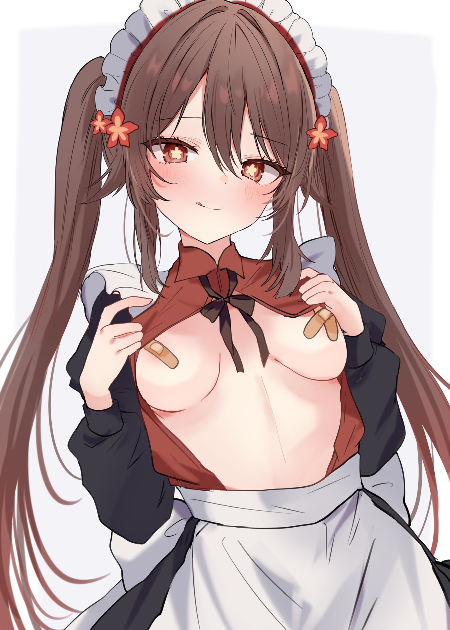 1girls, bandaid, bandaids on nipples, breasts, breasts out, brown hair, clothing, covered nipples, female, female focus, female only, flashing, flashing breasts, genshin impact, hu tao (genshin impact), licking lips, looking at viewer, maid, maid uniform, maruro, mostly clothed, nude, nude female, petite, red eyes, small breasts, solo, solo female, twintails