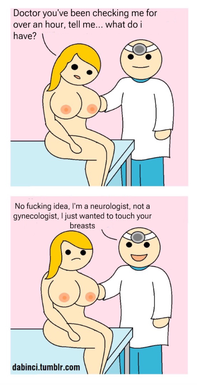 1boy 1girls blonde_hair dabinci_con_b doctor english_text funny humor_porn naked_female patient text translated