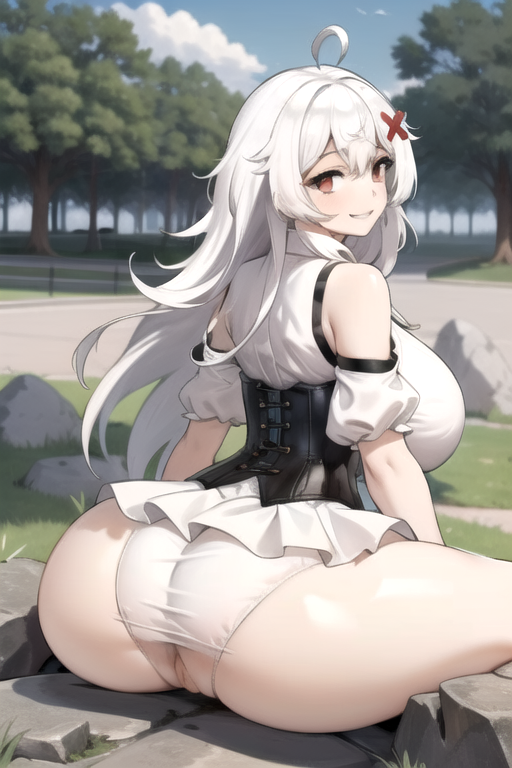 ai_generated ass big_ass clothed daidouji_(artist) dat_ass erispheria goddess lingerie looking_back red_eyes sitting smile virtual_youtuber visible_pussy vtuber white_hair wide_hips youtube