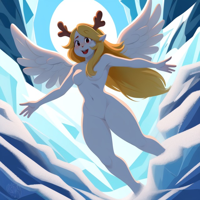 above_view abstract abstract_art abstract_background ai_generated angel angel_wings angelic anthro breasts bright_moon deltarune diplive7 exposed female flying frozen furry ice looking_up moonlight naked night noelle_holiday nude nude_female simple_shading snowing vagina vector_art_style vibrant vibrant_background wings winter