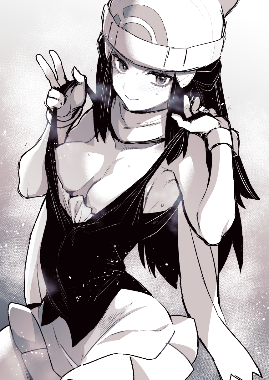 1girls armpits beanie dawn_(pokemon) greyscale hat heavy_breathing long_hair looking_at_viewer medium_breasts monochrome pokemon scarf shirt_lift sweat takatsuki_ichi upper_body