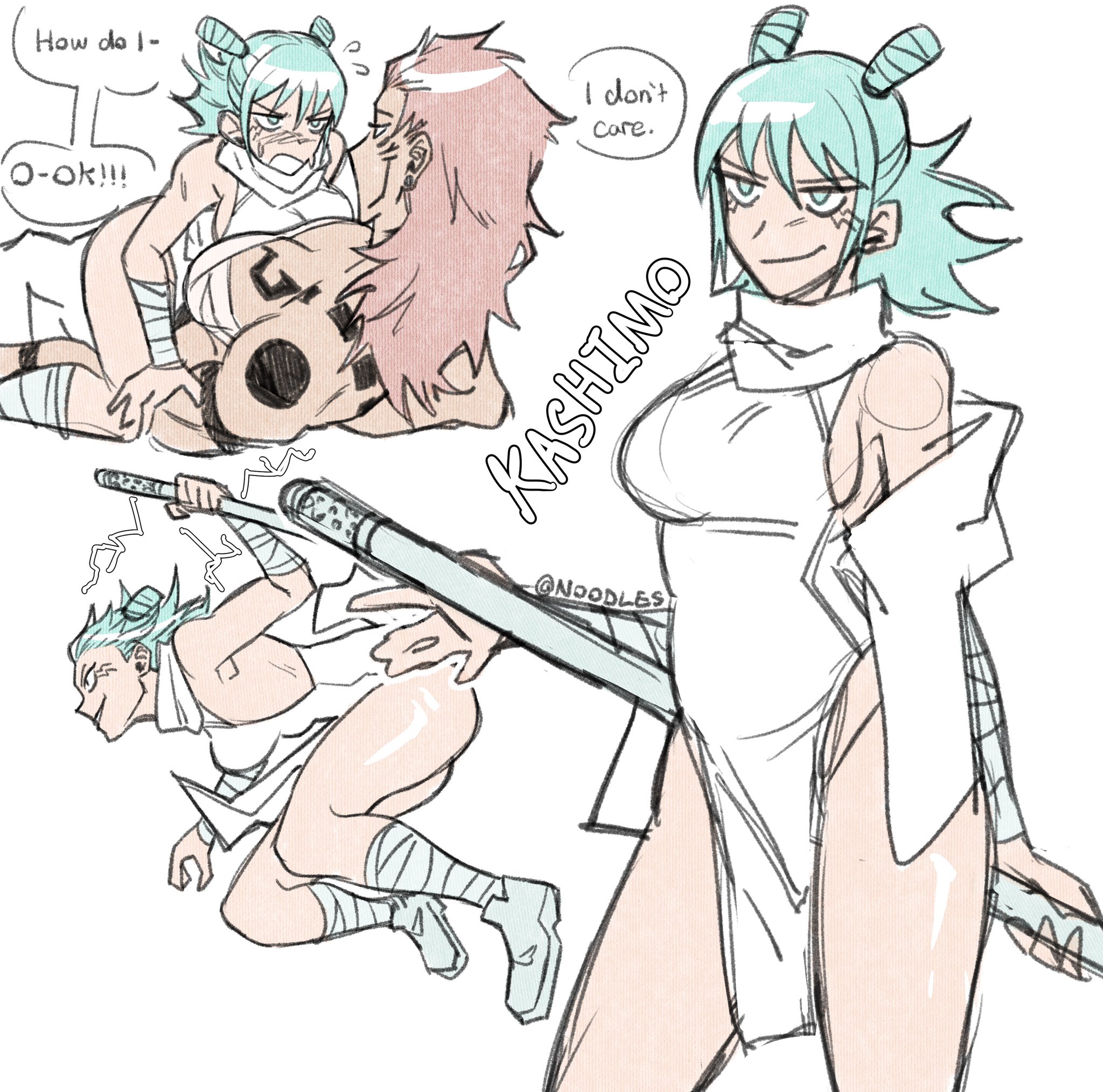 blue hair, female, jujutsu kaisen, kashimo hajime, multiple females, multiple girls, nooddels11, rule 63, ryoumen sukuna (jujutsu kaisen), tagme, weapon