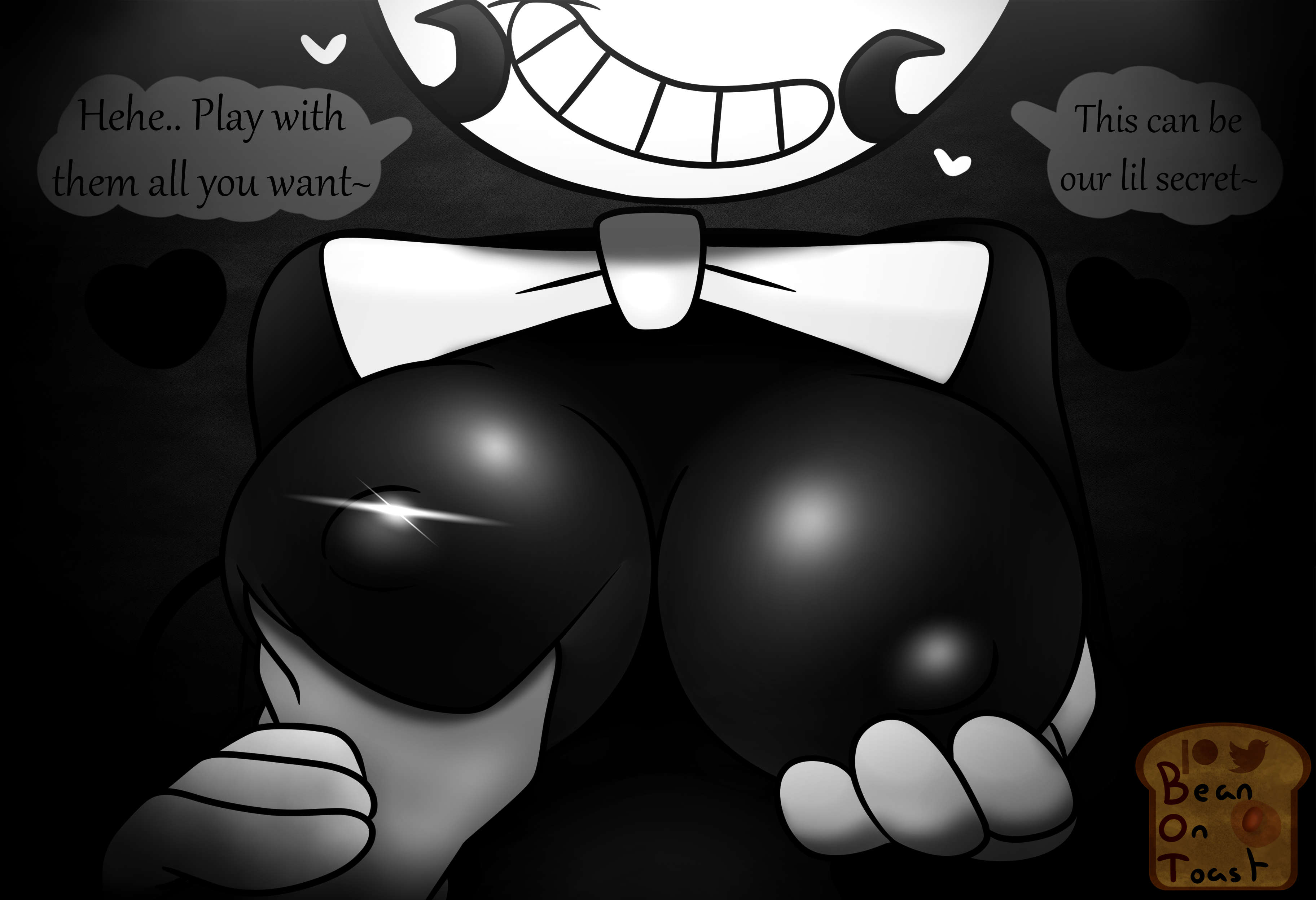 beanontoast, bendy, bendy and the ink machine, bendy fem, bendy the dancing demon, big breasts, black body, breasts, female, monochrome