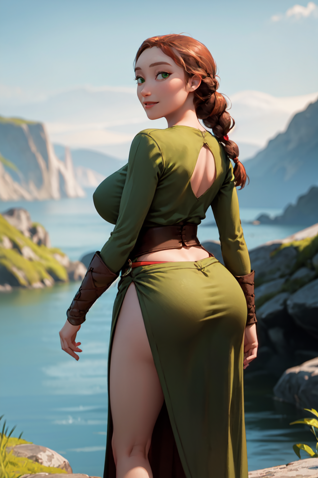 1girls ai_generated ass ass_focus auburn_hair brown_hair cleavage curvaceous curvy curvy_body curvy_female curvy_figure dreamworks female female_only green_eyes hourglass_figure how_to_train_your_dragon light-skinned_female light_skin milf mrseyker outdoors outside pixai solo solo_female valka_haddock voluptuous voluptuous_female