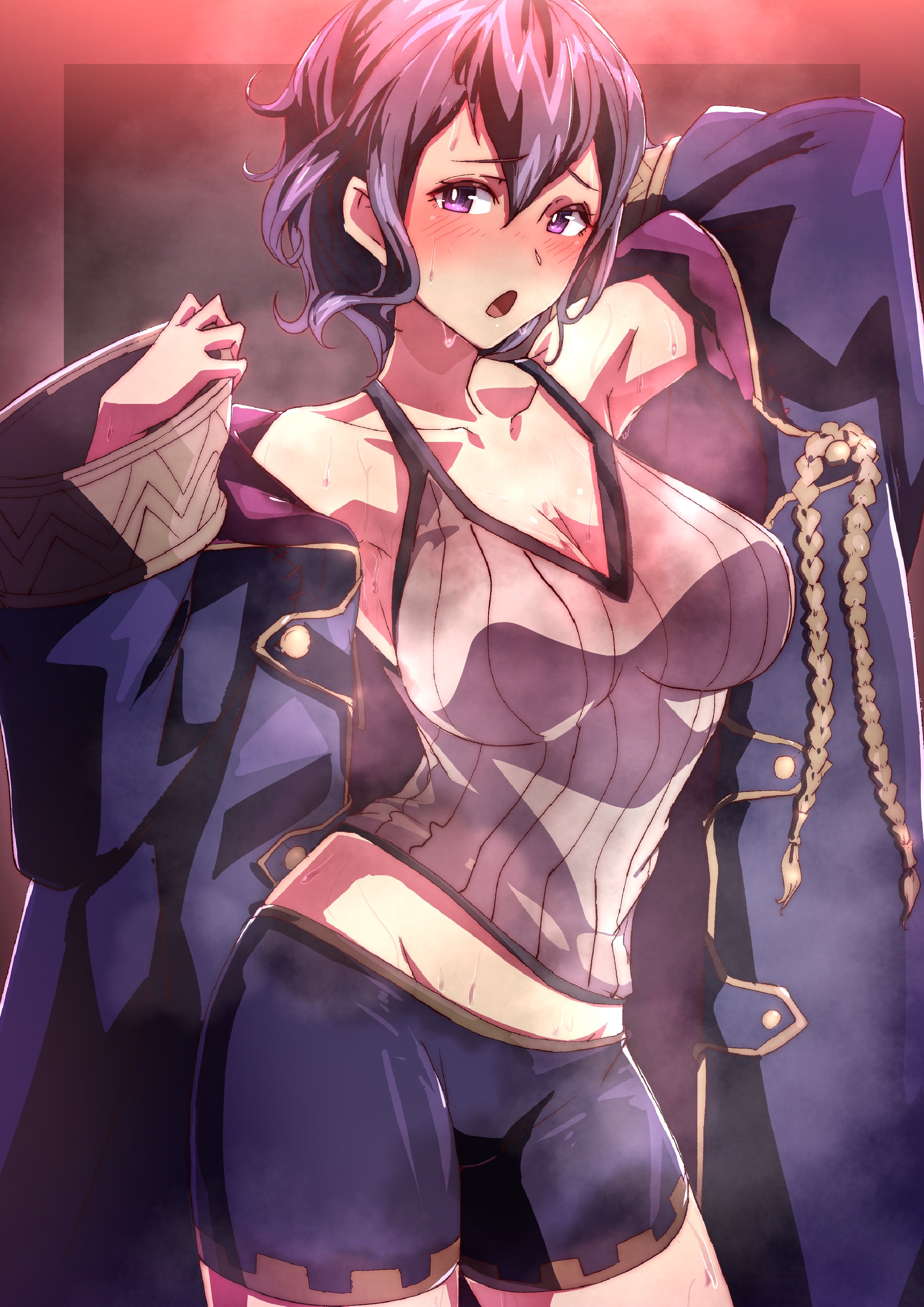 1girls, black hair, breasts, cleavage, female, female only, fire emblem, fire emblem awakening, large breasts, looking at viewer, morgan (fire emblem), morgan (fire emblem) (female), musk, nintendo, open mouth, purple eyes, short hair, solo, steaming body, sweat, sweat stain, sweaty, to (tototo tk), undressing