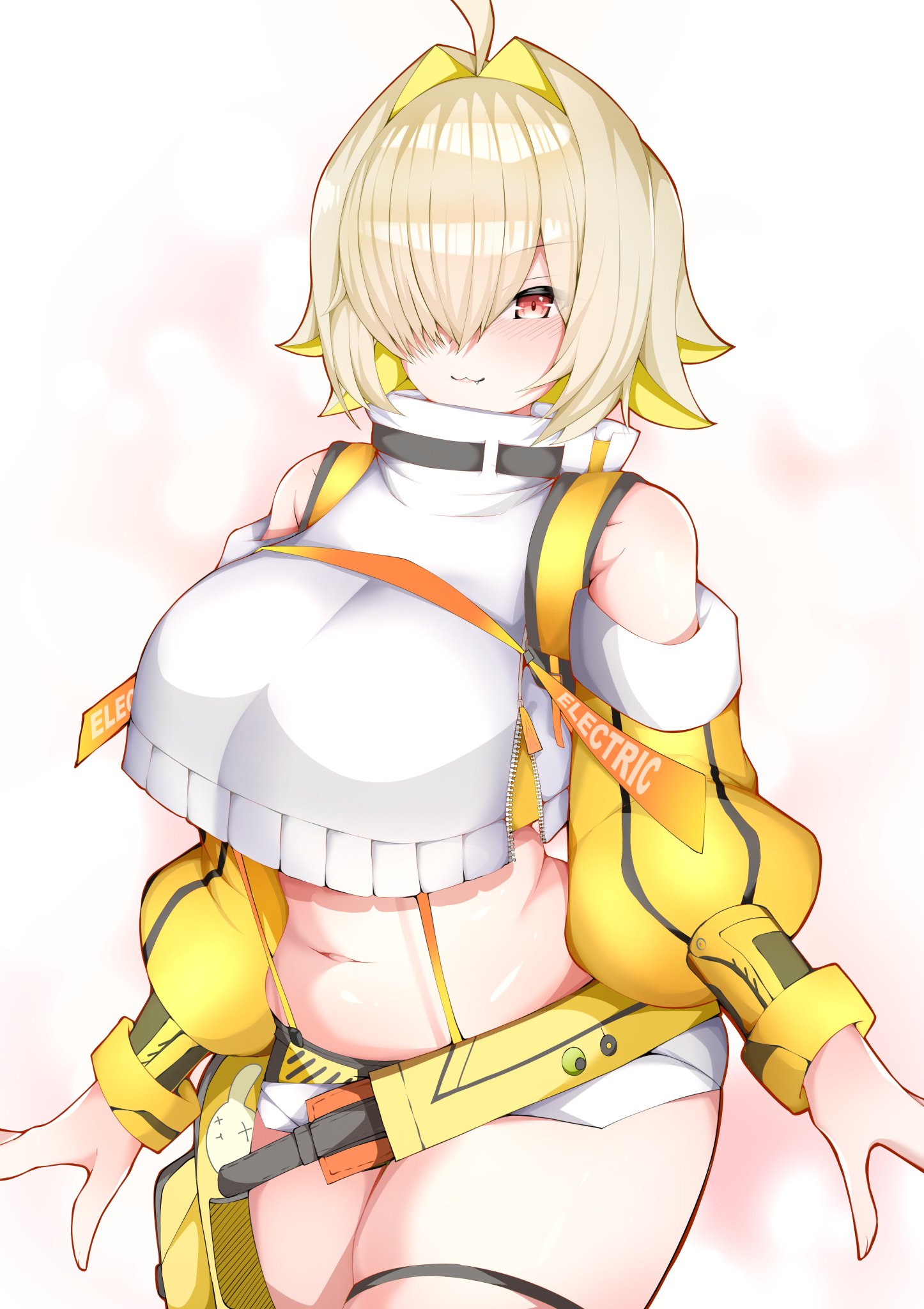 big breasts, blonde hair, blush, booty shorts, breasts, crop top overhang, elegg (nikke), female, female only, goddess of victory: nikke, hair over one eye, light skin, light-skinned female, midriff, navel, oerba yun fang, pale skin, pale-skinned female, red eyes, shoulder length hair, suspenders, thick thighs, thigh strap, two-tone hair