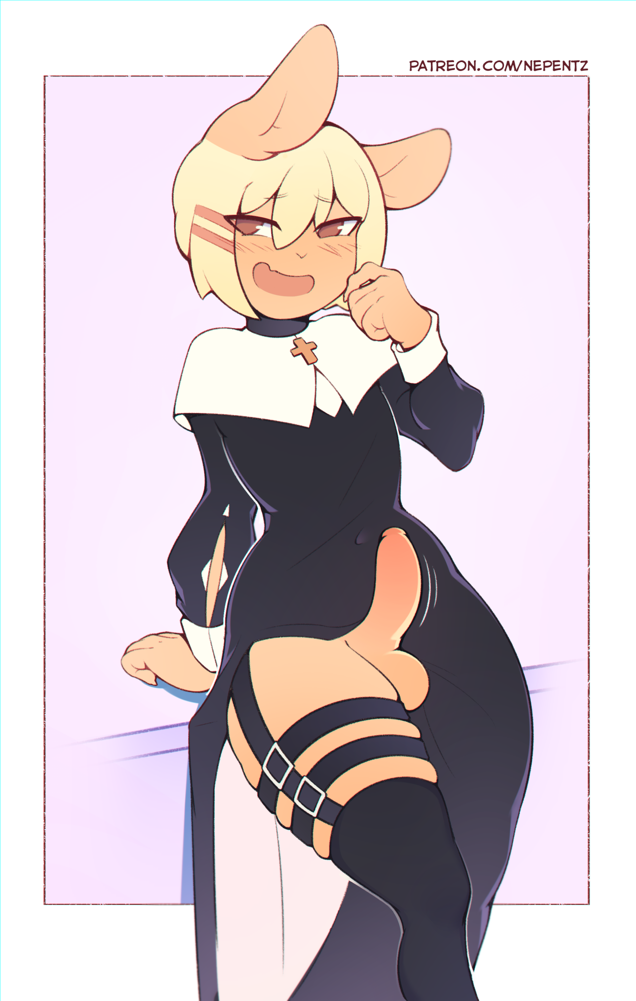 1boy, animal ears, anthro, balls, blush, crossdressing, erection, femboy, furry, girly, hairclip, long ears, male, nepentz, nun, nun's habit, original, penis, short hair, standing, thick thighs, thighs