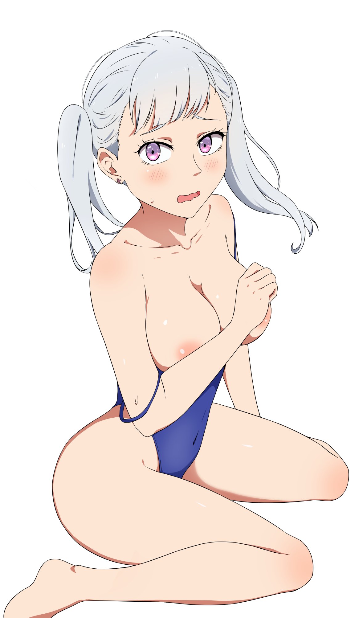1girls, areolae, black clover, blush, breasts, breasts out, cleavage, coro fae, embarrassed, female, female only, long hair, looking at viewer, looking up, looking up at viewer, medium breasts, nip slip, nipple slip, noelle silva, one-piece swimsuit, partially nude, pink eyes, plain background, silver hair, sitting, solo, swimsuit, thighs, twintails, white background