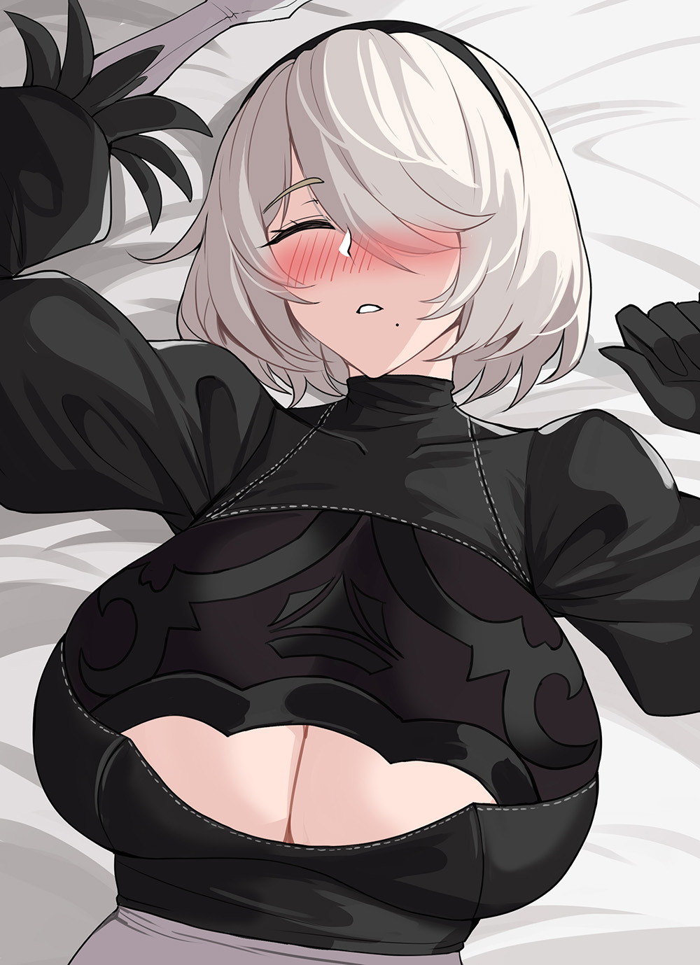 1girls arms_up big_breasts blush blush_lines breasts cleavage cleavage_cutout closed_eyes drogod_(artist) eyebrows_visible_through_hair female female_only hair_over_one_eye hella_p highres huge_breasts large_breasts light-skinned_female light_skin lying mole nier:_automata nier_(series) on_back on_bed sleeping solo solo_female swept_bangs unconscious upper_body white_hair yorha_2b