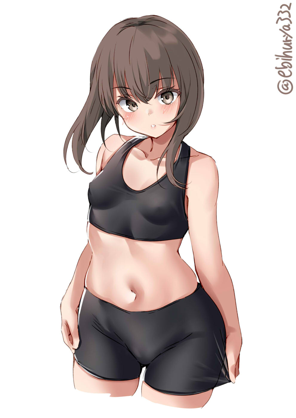 :o, bangs, bike shorts, blush, breasts, brown hair, ebifurya, female, female only, grey eyes, kantai collection, looking at viewer, nipple bulge, short hair, sidelocks, small breasts, solo, sports bra, taihou (kantai collection), tight clothing, wide hips