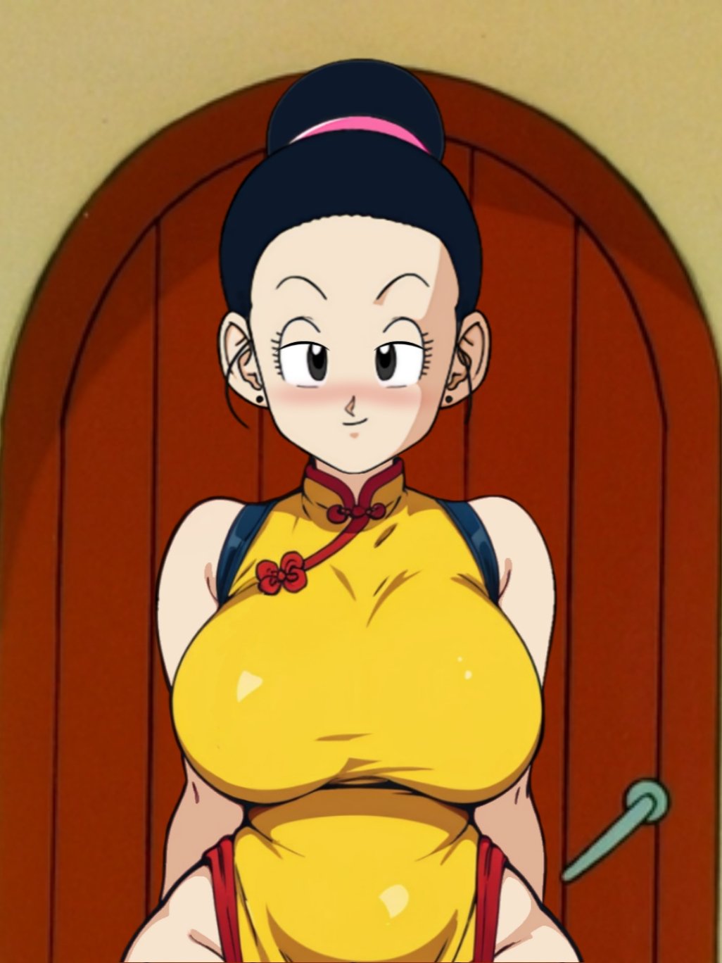 2d, ass, big ass, big breasts, black eyes, black hair, blush, breasts, chichi, chichi (majin buu saga), dragon ball, dragon ball super, dragon ball z, earrings, female, full color, fully clothed, gilf, grandmother, hourglass figure, large ass, looking at viewer, mature female, milf, no penetration, partially clothed, seductive look, shounen jump, solo, solo female, thick thighs, voluptuous, wide hips