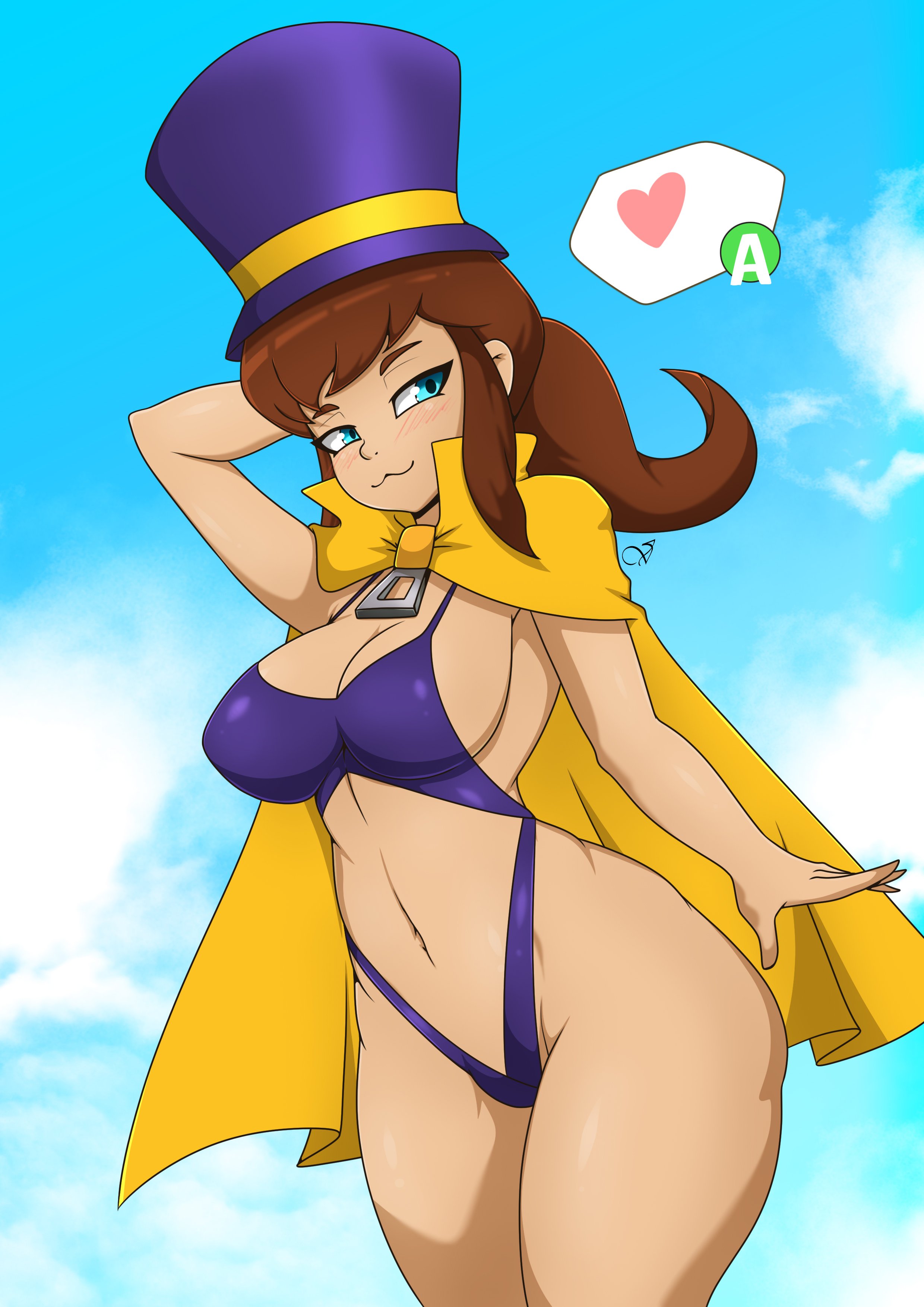 :3, 1girls, 2019, a hat in time, aged up, blue eyes, blush, blush lines, breasts, brown hair, cape, cleavage, clothing, female, female only, hat, hat adult, hat kid, heart, large breasts, light skin, light-skinned female, medium breasts, navel, one-piece swimsuit, ponytail, smile, solo, standing, swimsuit, thighs, top hat, zipper pull tab, zzvinniezz