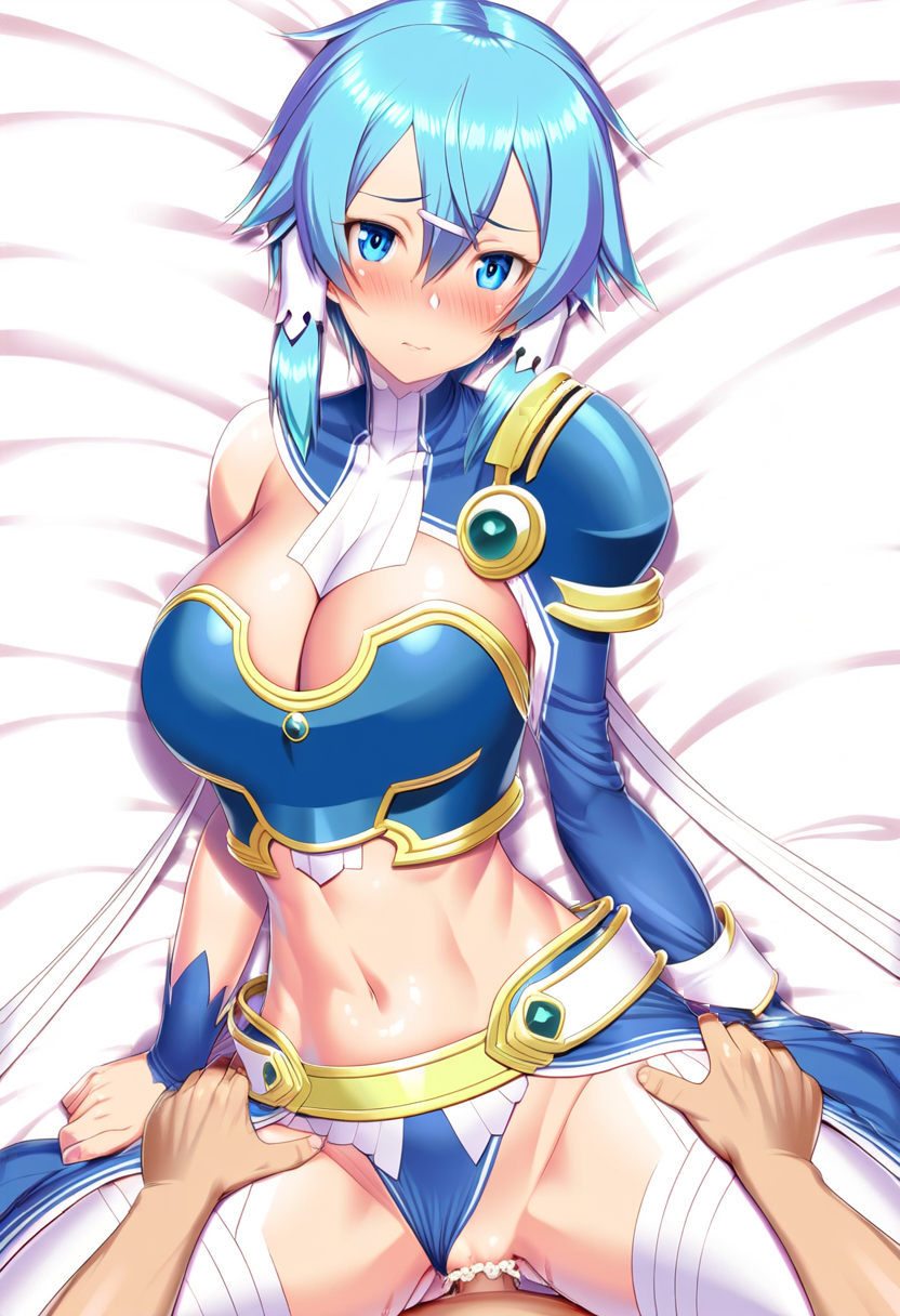 ai_generated armor asada_shino blue_eyes blue_hair cleavage cum cum_in_pussy cum_inside female large_breasts midriff nai_diffusion panties_aside penis pussy sex sinon sinon_(solus) sword_art_online uncensored vaginal_penetration