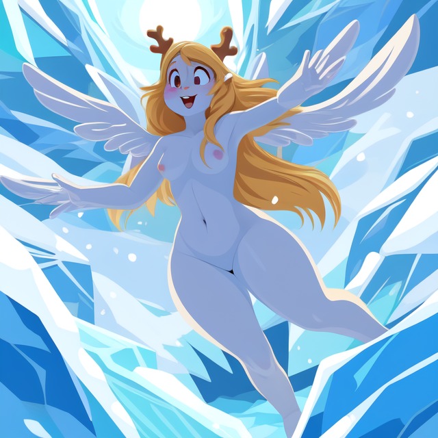 above_view abstract abstract_art abstract_background ai_generated angel angel_wings angelic anthro breasts bright_moon deltarune diplive7 exposed female flying frozen furry ice looking_up moonlight naked night noelle_holiday nude nude_female simple_shading snowing vagina vector_art_style vibrant vibrant_background wings winter