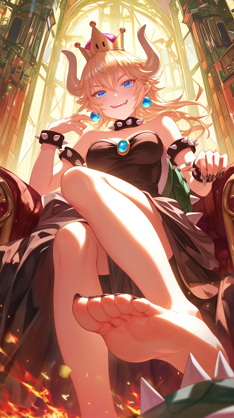 1girls, ai generated, blonde hair, blue eyes, bowsette, clothing, feet, female, foot fetish, foot focus, from below, indoors, long toenails, looking at viewer, mario (series), new super mario bros. u deluxe, nintendo, sharp toenails, soles, toes