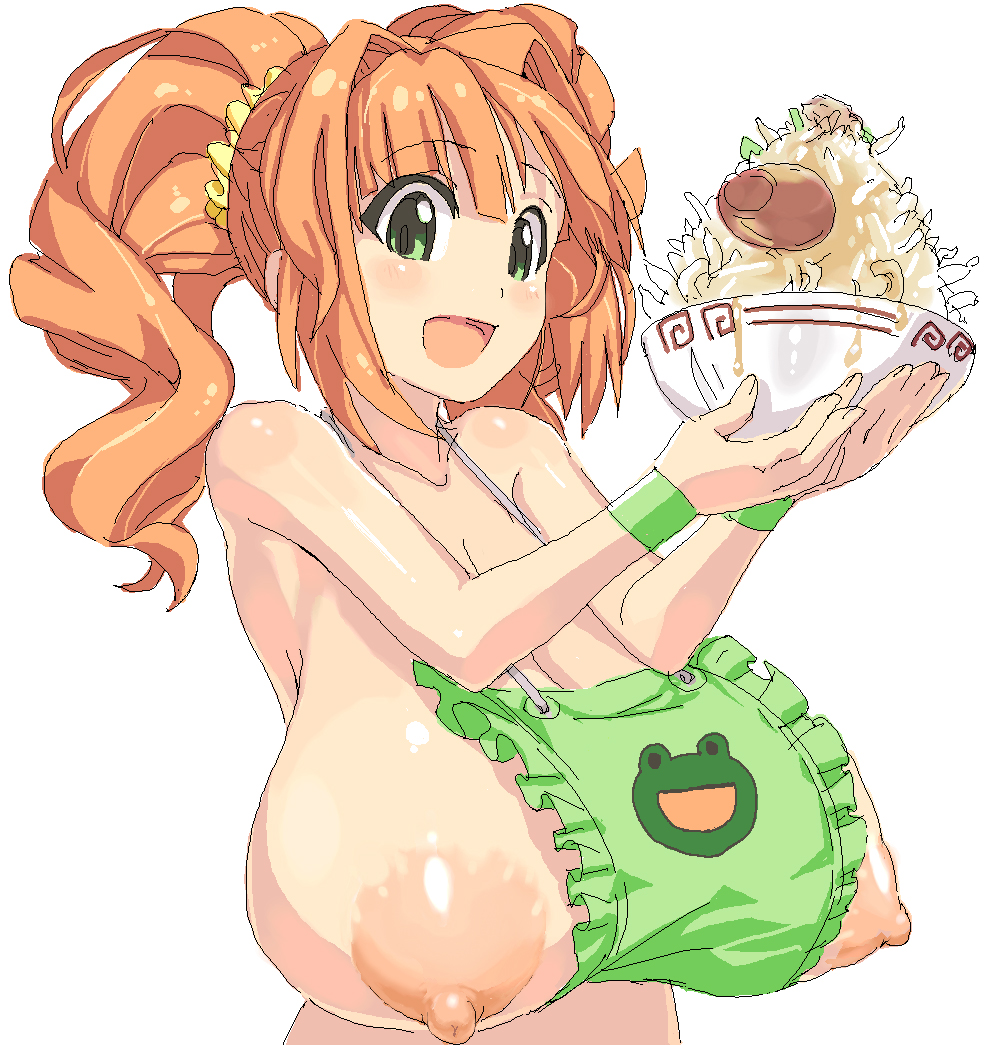 alternative_bust_size apron areolae breast_slip breasts clothing female food green_eyes hadaka_apron hair_ornament huge_breasts idolmaster kasutaso long_breasts nipples open_mouth orange_hair puffy_areolae puffy_nipples simple_background solo takatsuki_yayoi tied_hair twintails upper_body white_background