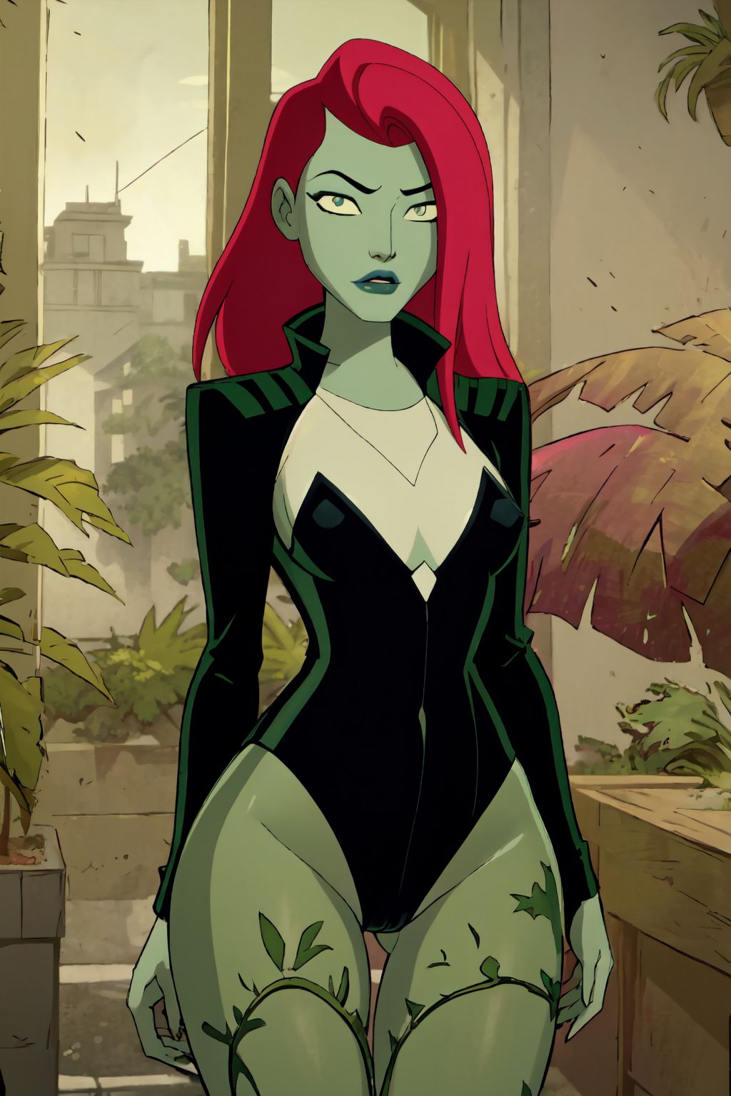 1girls, ai generated, breasts, cleavage, clothed, clothing, dc, dc comics, female, green body, green skin, harley quinn (series), highleg, indoors, jacket, leotard, lips, long hair, looking at viewer, midriff, pantyhose, parted lips, plant, poison ivy, poison ivy (harley quinn), red hair, solo, stable diffusion, standing, thigh gap, thighs, window