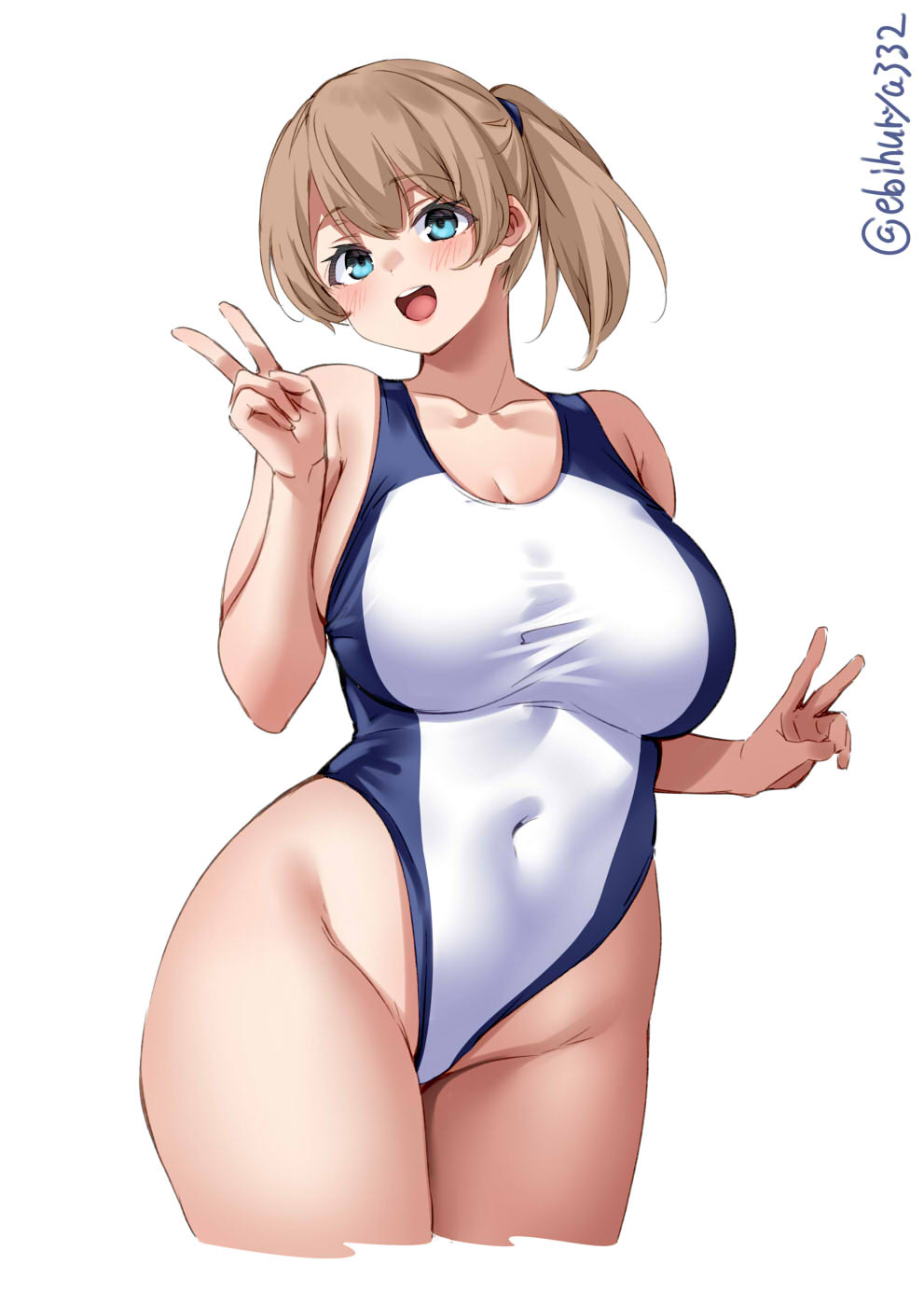 bangs big_breasts blue_eyes blush brown_hair cowboy_shot double_v ebifurya female female_only highleg highleg_swimsuit huge_breasts intrepid_(kantai_collection) kantai_collection light_brown_hair looking_at_viewer navel one-piece_swimsuit open_mouth ponytail sideboob smile solo swimsuit thick_thighs wide_hips