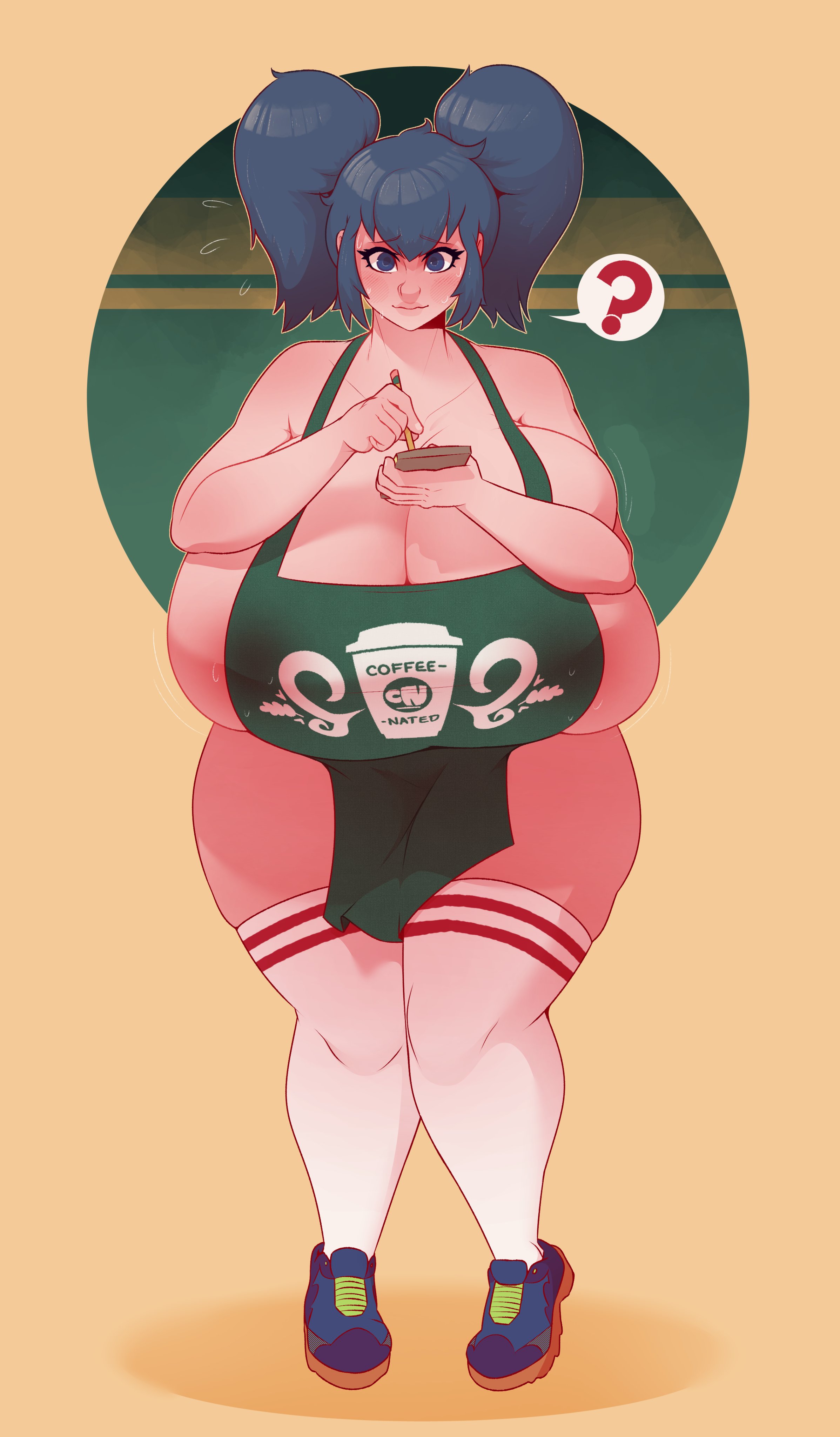 1girls, absurdres, blush, breasts, cleavage, dabble, female, female only, highres, huge breasts, iced latte with breast milk, looking at viewer, meme, solo, thick thighs, thighhighs, wide hips